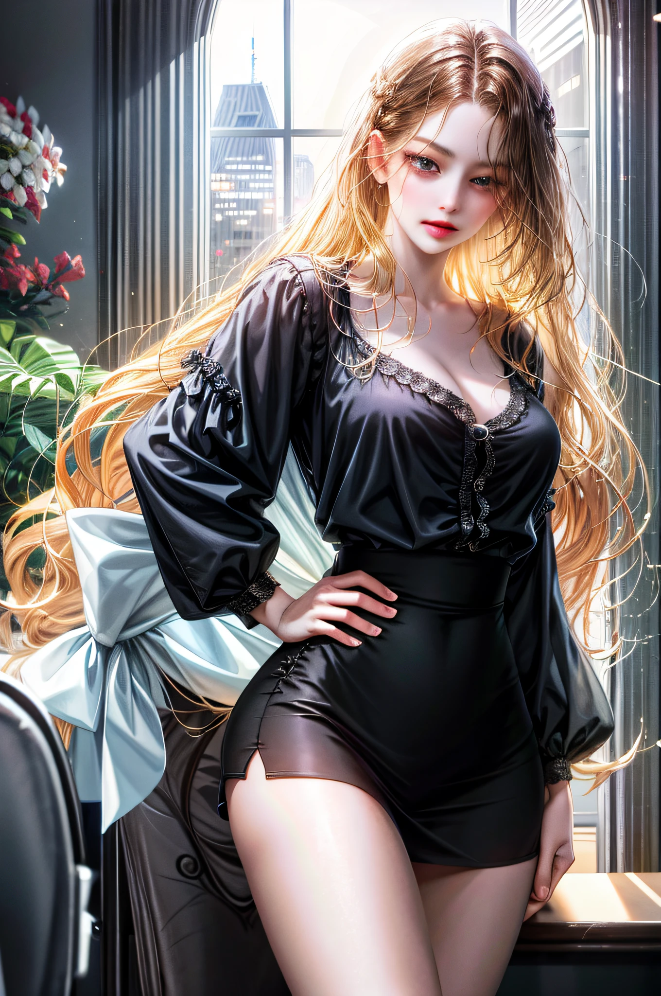 (absurd, high resolution, super detail), lesbian, jefax employee, office uniform, one with long hair, one short woman behind the window, showing various buildings in the city (absurd, high resolution, super detailed), lesbian, jefax employee, office clothes, one with long hair, one short woman, white sheer blouse, tight black mini skirt, underwear bite, sexy pose , lower body slender,