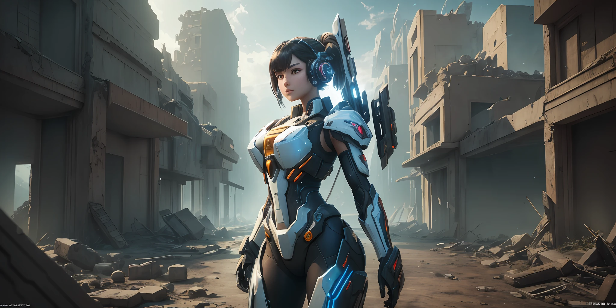((Best quality)), ((masterpiece)), (highly detailed:1.3), 3D,Shitu-mecha, beautiful cyberpunk women with her mecha in the ruins of city from a forgoten war, ancient technology,HDR (High Dynamic Range),Ray Tracing,NVIDIA RTX,Super-Resolution,Unreal 5,Subsurface scattering,PBR Texturing,Post-processing,Anisotropic Filtering,Depth-of-field,Maximum clarity and sharpness,Multi-layered textures,Albedo and Specular maps,Surface shading,Accurate simulation of light-material interaction,Perfect proportions,Octane Render,Two-tone lighting,Low ISO,White balance,Rule of thirds,Wide aperature,8K RAW,Efficient Sub-Pixel,sub-pixel convolution,luminescent particles,light scattering,Tyndall effect --auto --s2