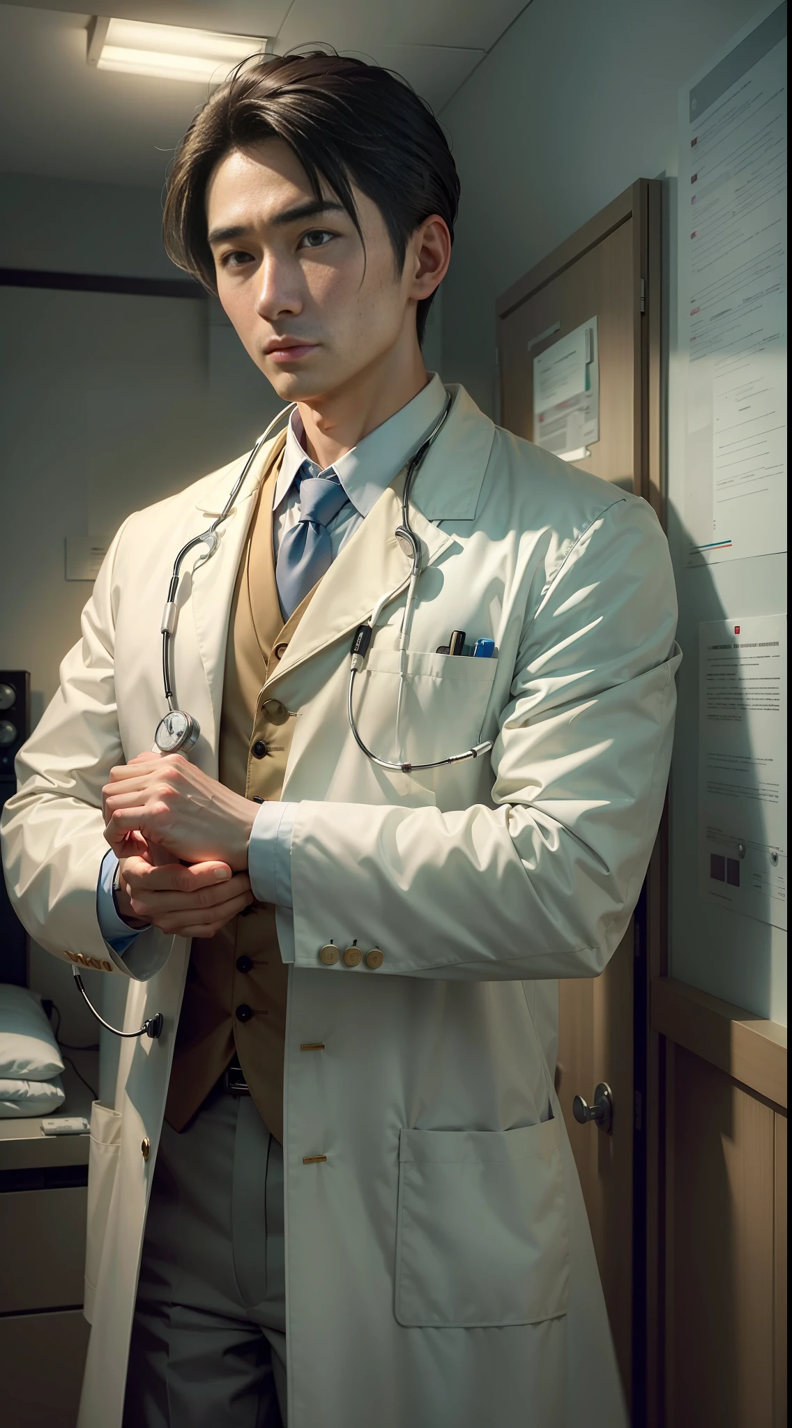 "(((best quality))),(((ultra detailed))),(((masterpiece))),illustration,1man,1patient,Doctor Zhao,white coat,stethoscope,concerned expression,Room 205,hospital room,patient in bed,medical equipment,semirealistic style,soft lighting,indoor scene,urgent atmosphere"