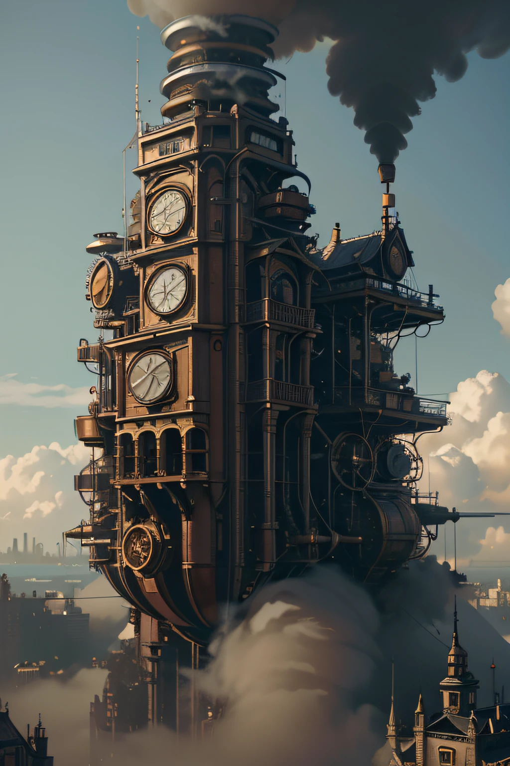 masterpiece,best quality,photorealistic,best shadow,delicate,RAW,ultra high res,Hyper-realistic art,gallery-grade work,official art,wallpaper forced,64k,,ultra precision,visually striking,sublime masterpiece,peak clarity,1 huge steampunk city,High-rise buildings covered by behemoth-like mechanical devices,show a scene of sharp contrast,A layer of clouds rising wantonly over the city,Huge steampunk buildings,The surface is covered with complex gears and mechanical devices,(Vision,Full View,full body:1.2),(On the walls of the steampunk city,1 soldiers in strong mechanical armor.,Handheld Steam Gun,Guard the safety of the city:1.2),steampunk,airship,Steam robot,