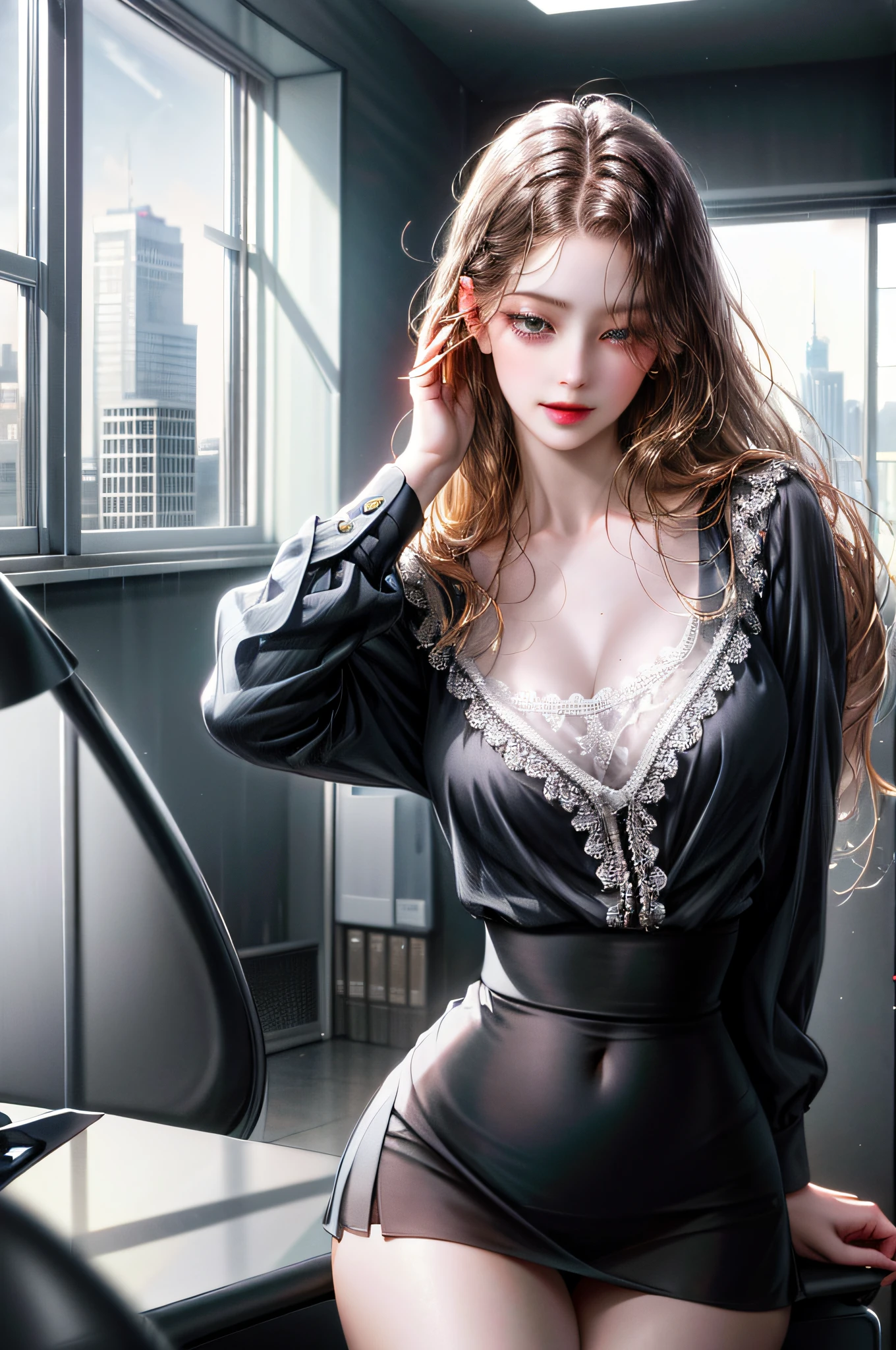 Behind the woman there are windows showing various buildings in the city (absurdity, high resolution, super detail), lesbian, Jefax employee, office clothes, one with long hair, the other with short women, white sheer blouse, tight black miniskirt, underwear bite, sexy pose, lower body slender,