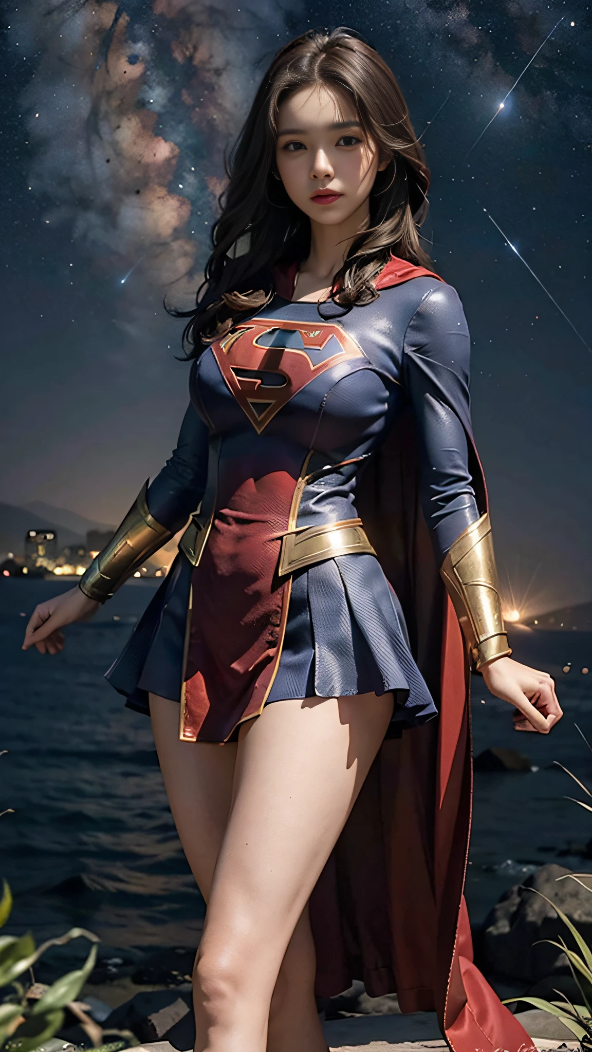 Woman body set, supergirl costume dress, big breasts, long legs, starry sky background