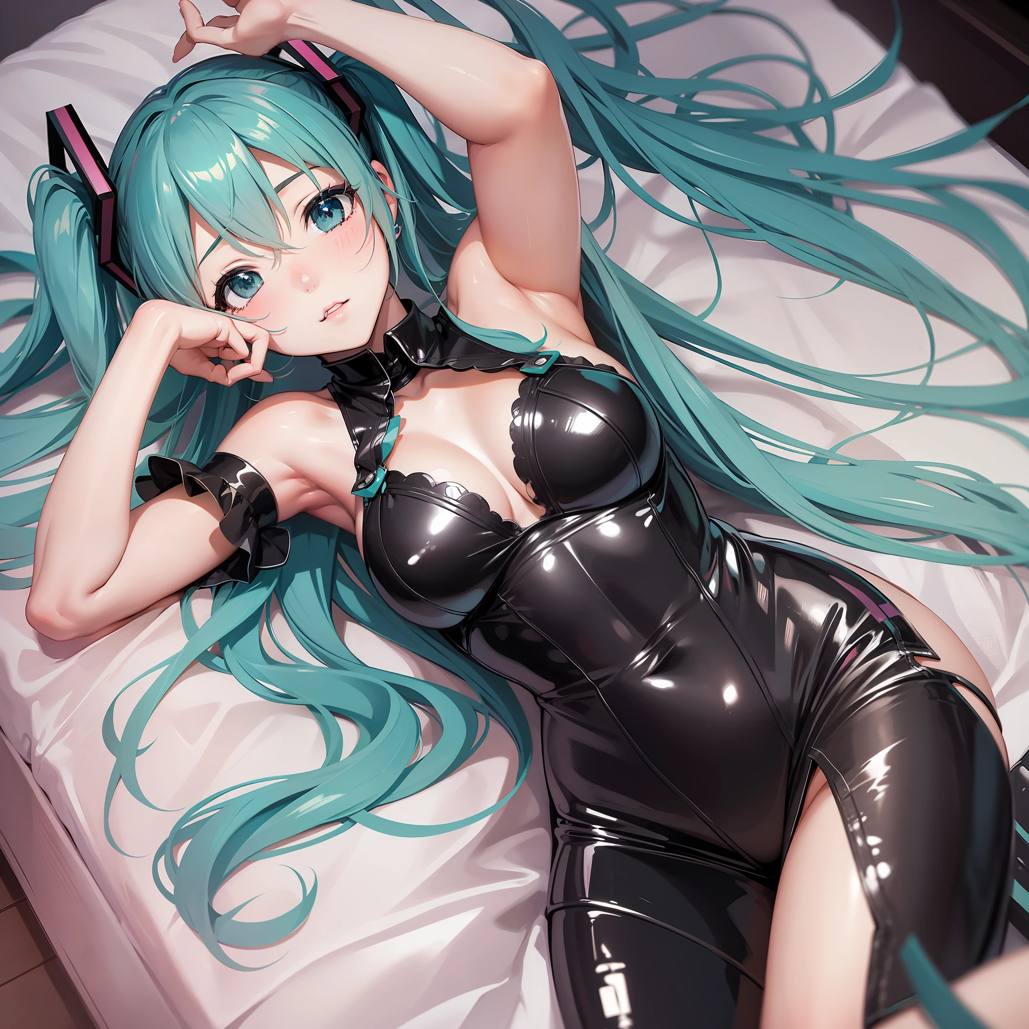 (Hatsune Miku), (seductive), (cute), cute costume, big, in bedroom, anime style, lying down