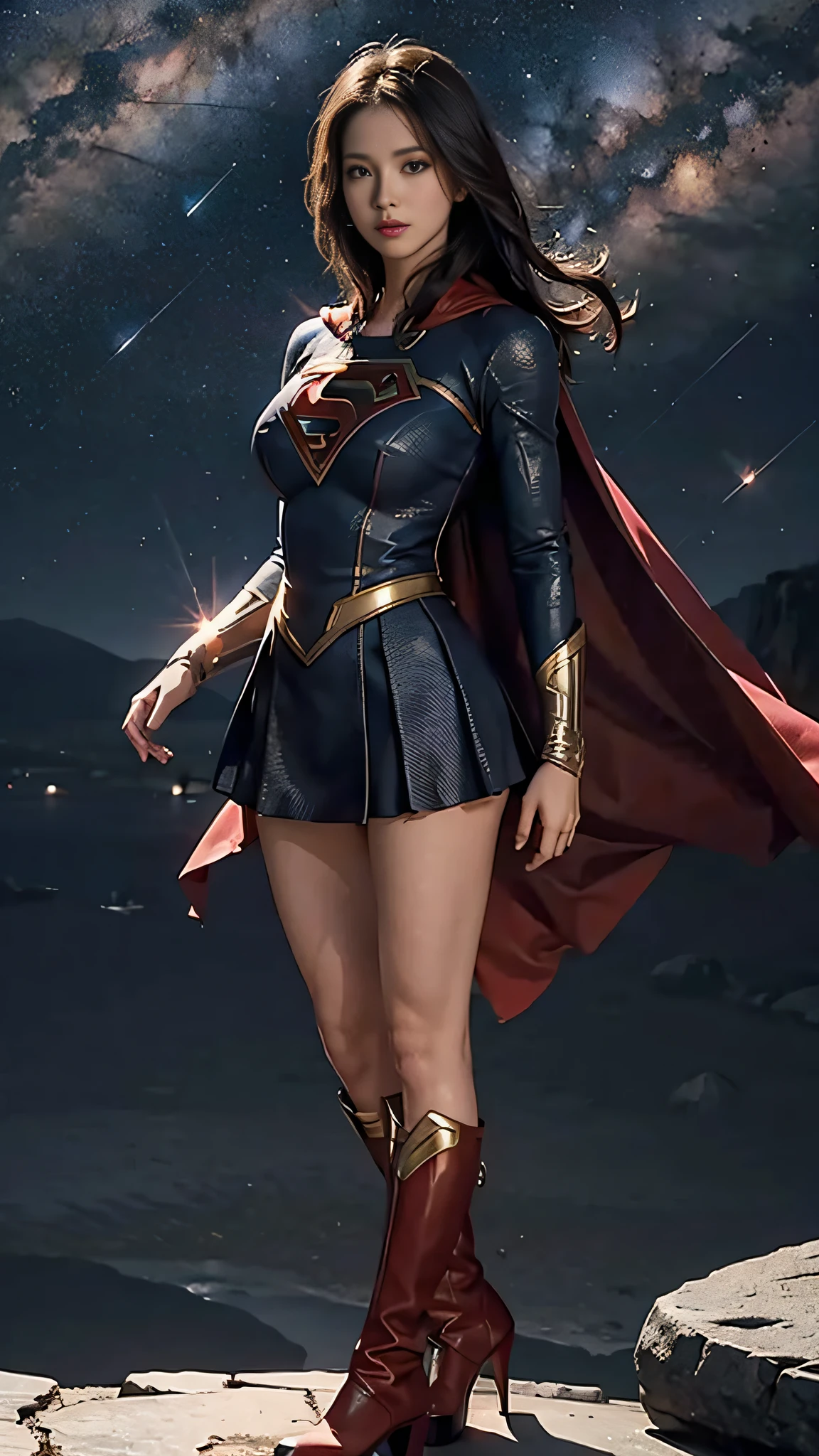 Woman body set, supergirl costume dress, big breasts, long legs, starry sky background