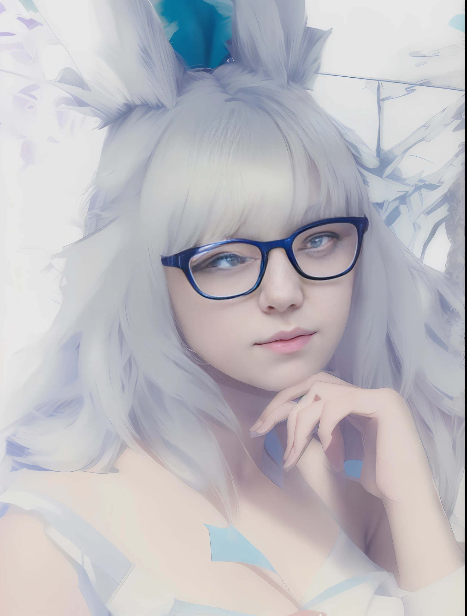 there is a woman with glasses and a bunny ears and a blue shirt, render of april, character close up, kawaii realistic portrait, close up character, character close-up, character portrait closeup, final fantasy 14 style, white glasses, with very highly detailed face, close up portrait, crisp clear rpg portrait, closeup character portrait, portrait close up, cyarine