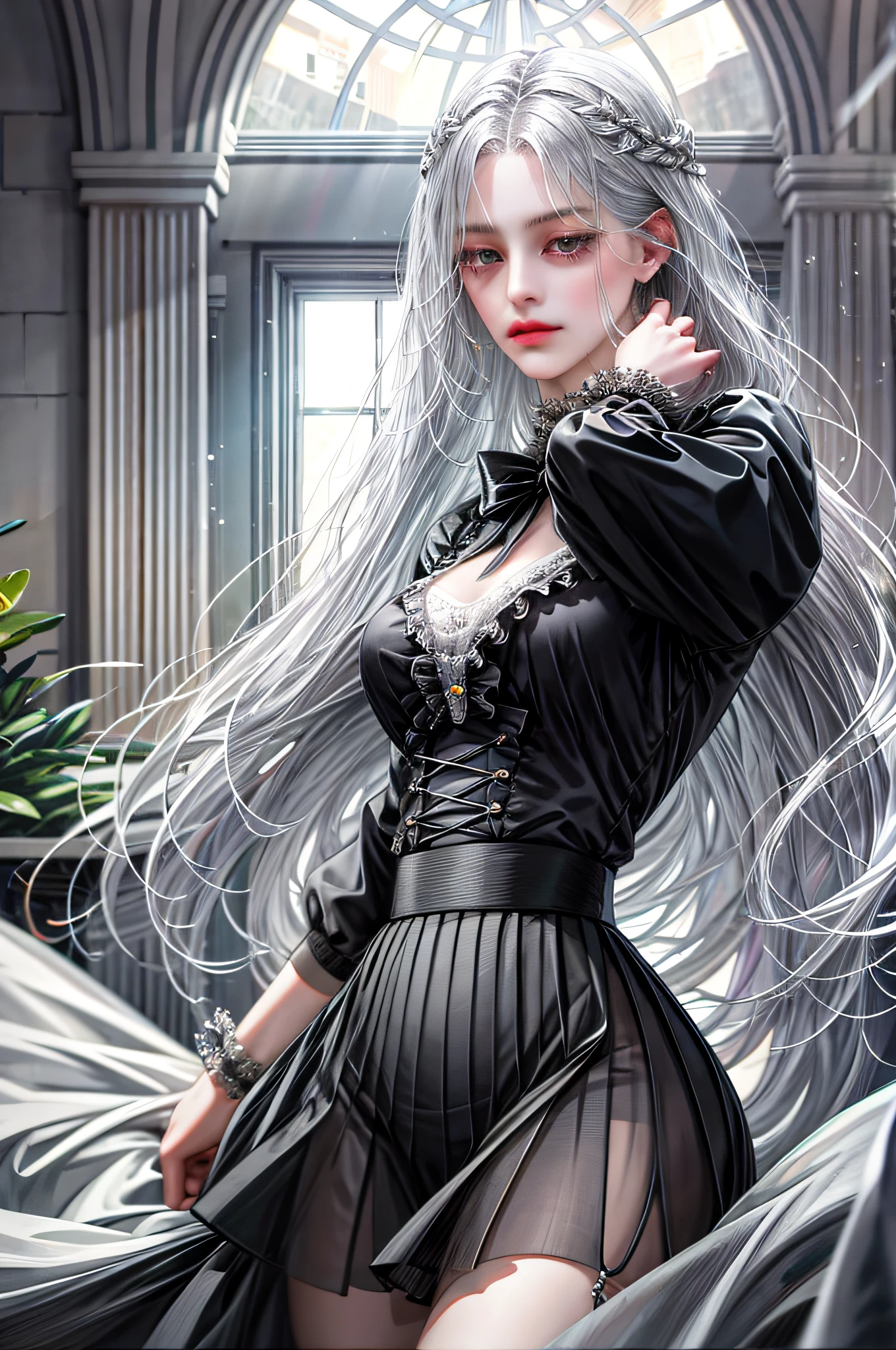 (absurd, high resolution, super detail), one girl, single,, (long gray hair), elegant, holy, colorful, more detailed, portrait, close-up, , floating hair, flower 1girl, company boss, long black wavy hair and gray eyes, tall, thin, sexy, contempt and arrogant and elegant, from the 21st century behind her there is a window showing various buildings in the city (absurdity, High Resolution, Super Detail), Lesbian, Jefax Employee, Office Uniform, One Has Long Hair, The Other Has Short Women, White Sheer Blouse, Tight Black Mini Skirt, Underwear Bite, Sexy Pose, Slender Lower Body,