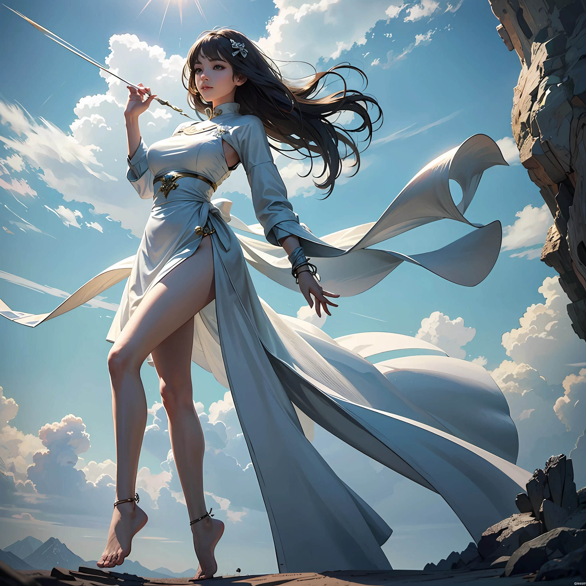 (Best Quality, Masterpiece: 1.2), (Realistic, Photo Photorealistic: 1.4), (Very Detailed CG Unity 8k Wallpaper), (dunhuang_ dress: 1.2), (1 girl), (solo: 1.1), (full body: 1.2), medium breasts, (long floating hair), jewelry in hair, very detailed, (dancing: 1.4), (floating ribbon: 1.6), wind, (style swirl magic: 1.1), dreamy, spectacular, (fog: 1.4), clouds, sun, desert, full body, long legs, barefoot, dangling, groundless