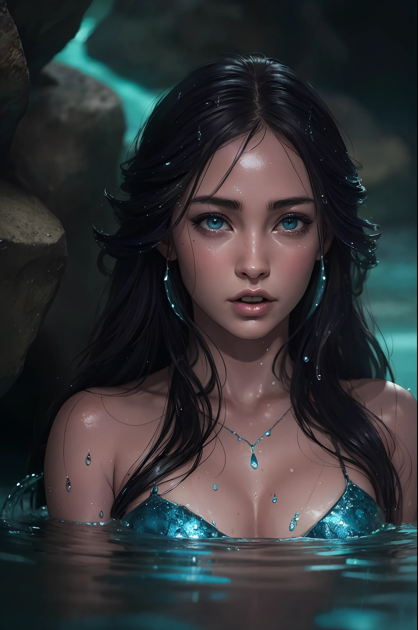 a woman that is laying down in some water, asian female water elemental, realistic fantasy photography, high quality fantasy stock photo, wet make - up, woman crying, wet mouth, hyper realistic digital art, stone age rave in a cave, hyperrealistic d & d fantasy art, movie still of the alien girl, award-winning magazine photo, still of megan fox