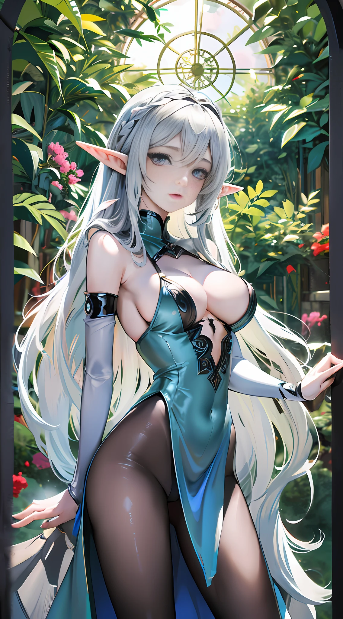 Elf woman, long silver hair, silky and shiny, bright and detailed blue eyes, bursting breasts, fleshy and red laboratory, pointed elf ears, flowers in hair detailed, dress made of green leaves, white lace stockings, heisi, siwa, detailed, high resolution, HD 4K 8K, full body