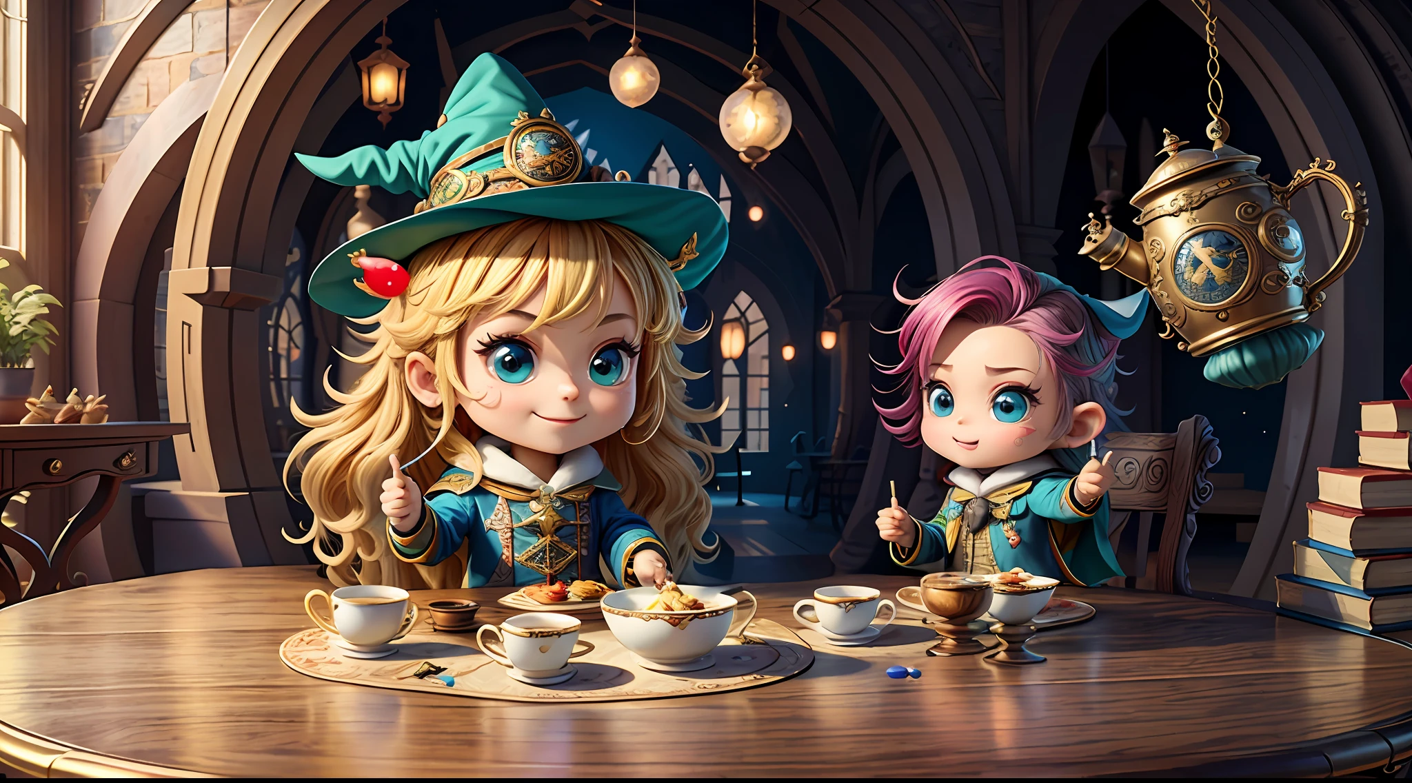 Masterpiece, Best Quality, Wizard Tea Party, [Chibi], Handsome Witch, Beautiful Witch, Happy, Energetic, Colorful,