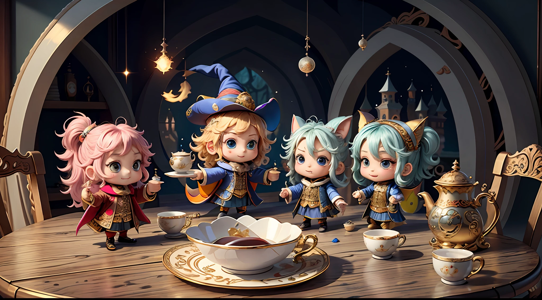 Masterpiece, Best Quality, Wizard Tea Party, [Chibi], Handsome Witch, Beautiful Witch, Happy, Energetic, Colorful,