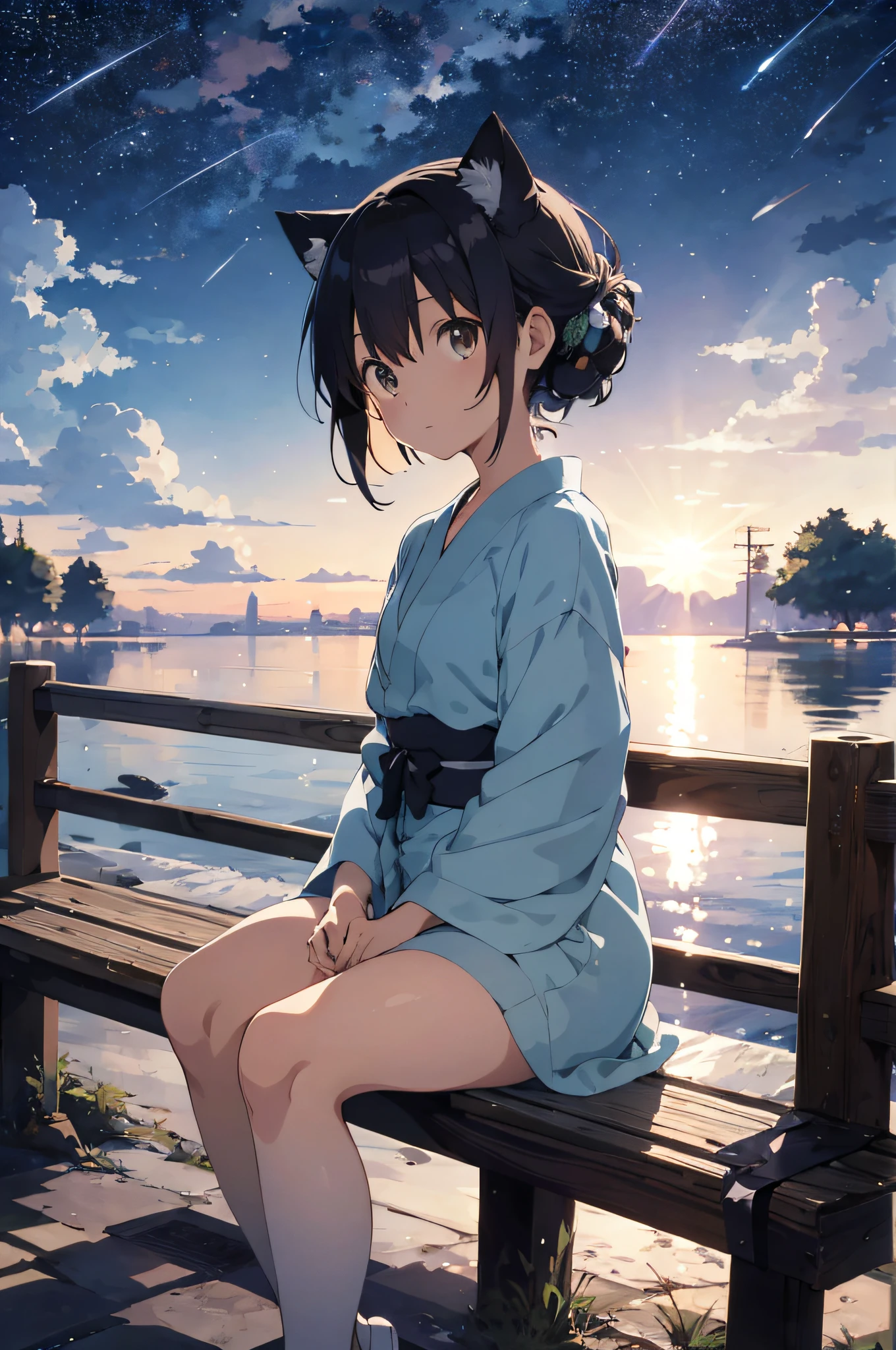 Anime cat-eared girl sitting on bench looking at stars, 4K anime wallpaper, Makoto Shinkai art style, anime style 4K, anime art wallpaper 8K, anime wallpaper 4K, anime wallpaper 4K, 4K manga wallpaper, anime art wallpaper 4K, watching sunset. Anime, animation art wallpaper 4K, beautiful anime cat-eared girl,cute yukata,wakame,wakame,wakame,