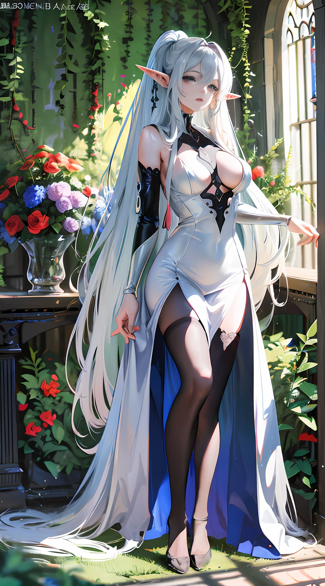 Elf woman, long silver hair, silky and shiny, bright and detailed blue eyes, bursting breasts, fleshy and red laboratory, pointed elf ears, flowers in hair detailed, dress made of green leaves, white lace stockings, heisi, siwa, detailed, high resolution, HD 4K 8K, full body