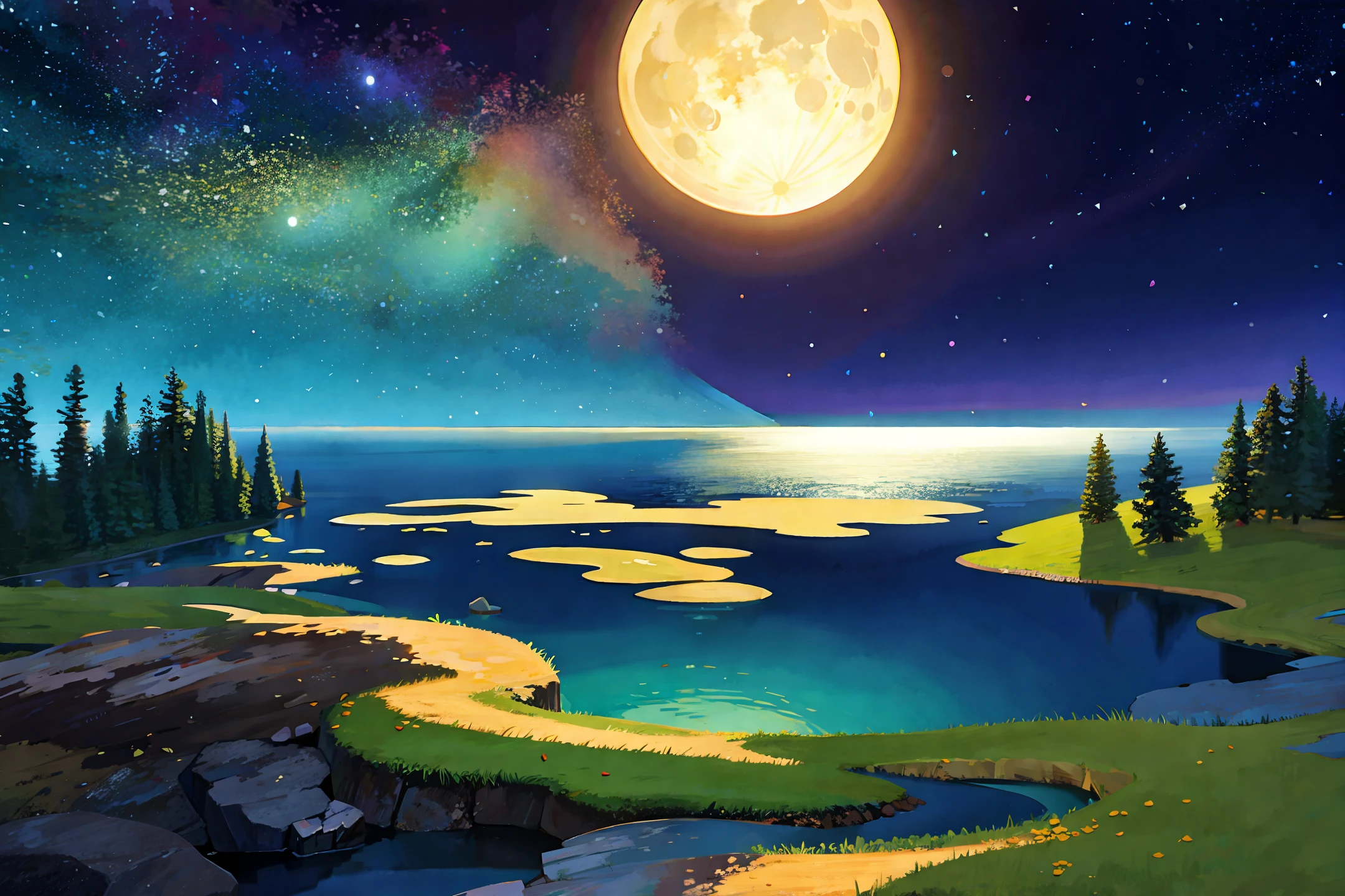 Landscape with a large lake illuminated by a great moon on a magical night