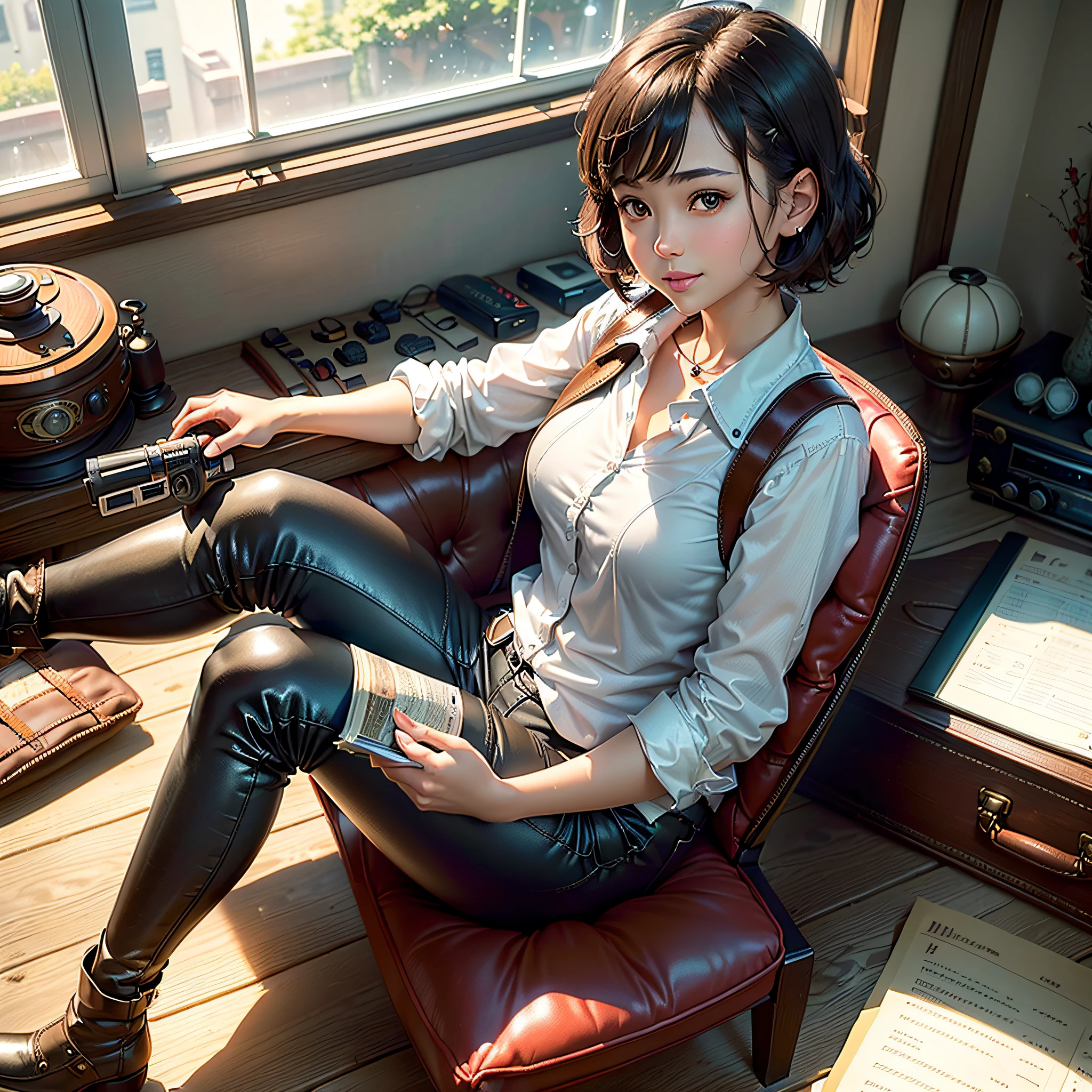 (masterpiece, highest quality, highest resolution, distinct_image, very elaborate CG, cinematic lighting, ray tracing, drop shadows, detailed detail, (photorealistic: 1.4), high quality textures, fine-grained, realistic face expression): (lone girl, face is Japan, brown short hair, hair tied back, small size breasts, sparkly eyes, eye level shots, happy smiles, beauty, slim body, holiday, own room, console games, computer, display, keyboard, mouse, long leather pants, white shirt with collar, leather vest, cardian, baseball cap, handgun holder, leather bag on back, long boots, antique radio, coffee, Model Train, Bookcase, Wooden Chair, Pot, Fan, Painting, Stuffed Animal, Tie, Notebook, Stationery, Vase, Photo Frame, Letter, Fountain Pen, Calendar, Lamp, Cushion, Basket, Profile Mirror, Candle, Newspaper, Sweets, Park View Outside the Window, Telephone, Fruit, Telescope, Retro TV)