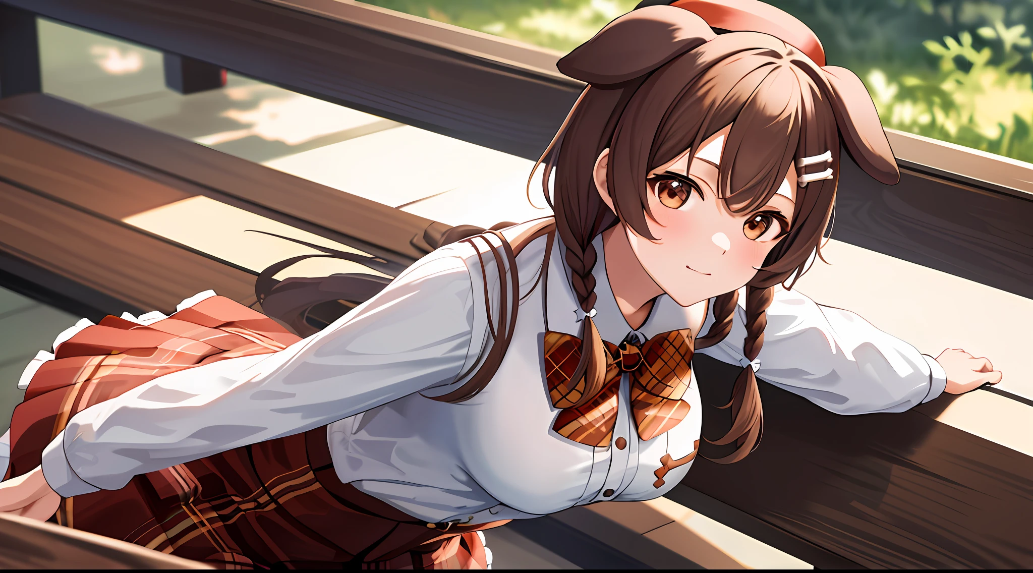 masterpiece, best quality, highres, ik2, 1girl, white shirt, brown skirt, twin braids, hat, animal ears, long sleeves, plaid bowtie, medium breasts, leaning forward, closed mouth,