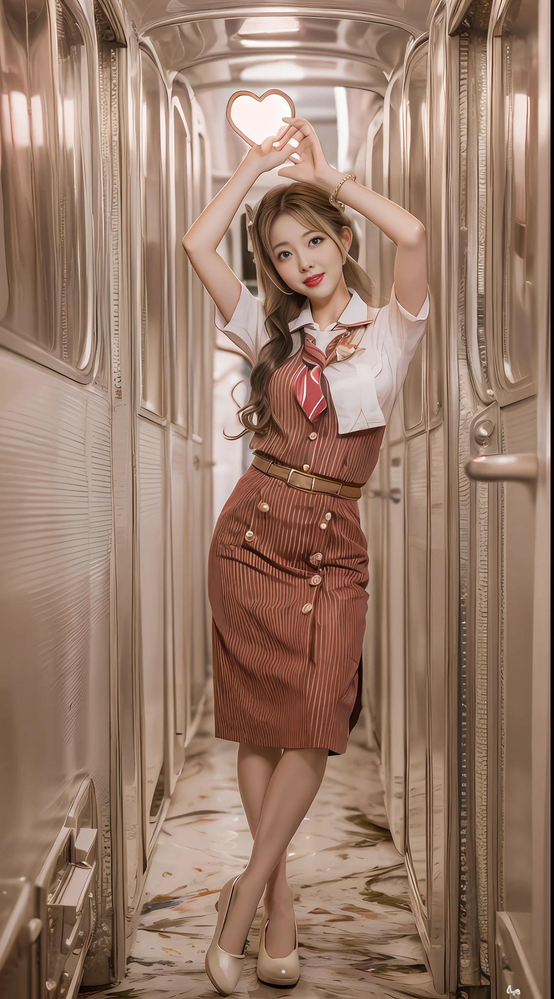 The painting style is soft, childish and cute, rich and ancient, flowing and moving, fleshy and full, girly heart, sweet and lovely, flight attendant uniform, simple atmosphere, loose and comfortable, red tone, bright and soft lighting. The figure is fat