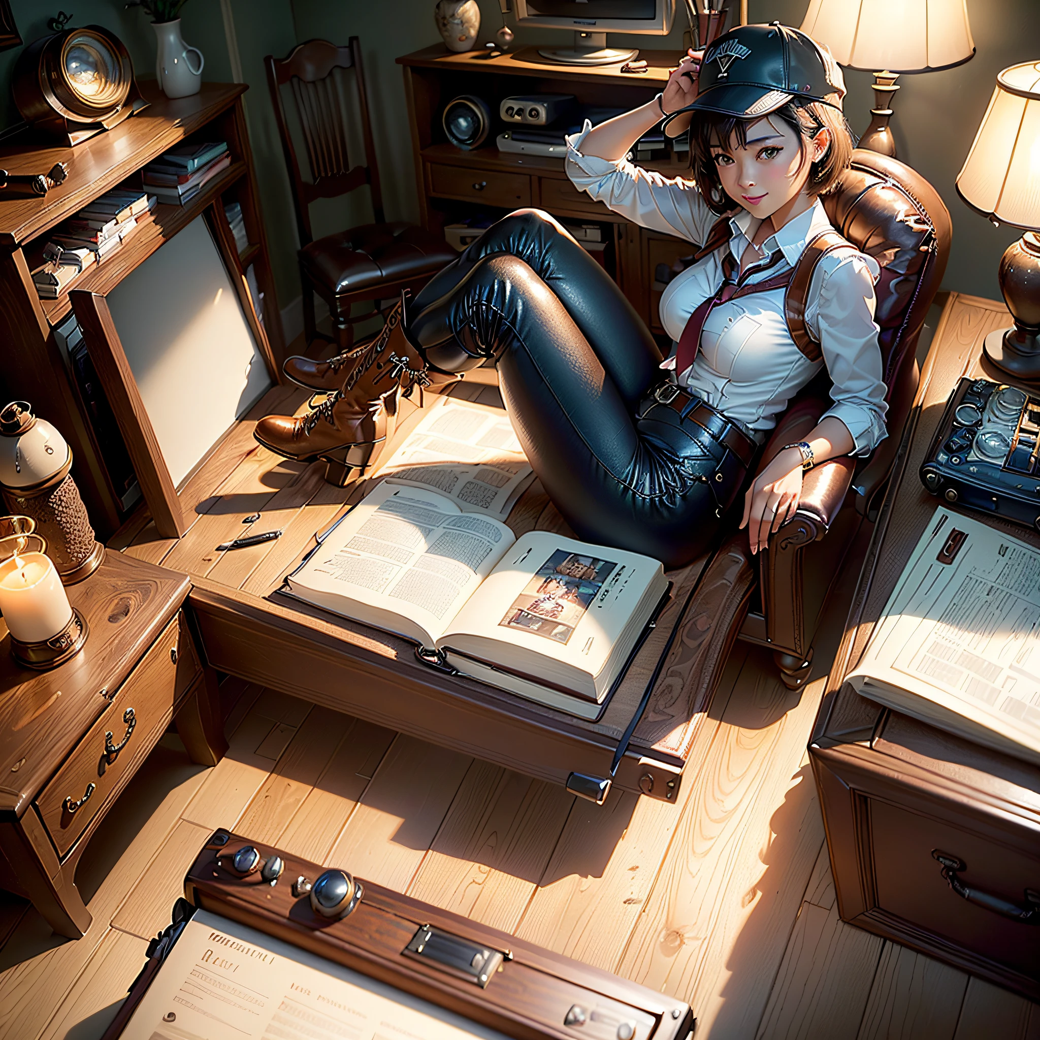 (masterpiece, highest quality, highest resolution, distinct_image, very elaborate CG, cinematic lighting, ray tracing, drop shadows, detailed detail, (photorealistic: 1.4), high quality textures, fine-grained, realistic face expression): (lone girl, face is Japan, brown short hair, hair tied back, small size breasts, sparkly eyes, eye level shots, happy smiles, beauty, slim body, holiday, own room, console games, computer, display, keyboard, mouse, long leather pants, white shirt with collar, leather vest, cardian, baseball cap, handgun holder, leather bag on back, long boots, antique radio, coffee, Model Train, Bookcase, Wooden Chair, Pot, Fan, Painting, Stuffed Animal, Tie, Notebook, Stationery, Vase, Photo Frame, Letter, Fountain Pen, Calendar, Lamp, Cushion, Basket, Profile Mirror, Candle, Newspaper, Sweets, Park View Outside the Window, Telephone, Fruit, Telescope, Retro TV)