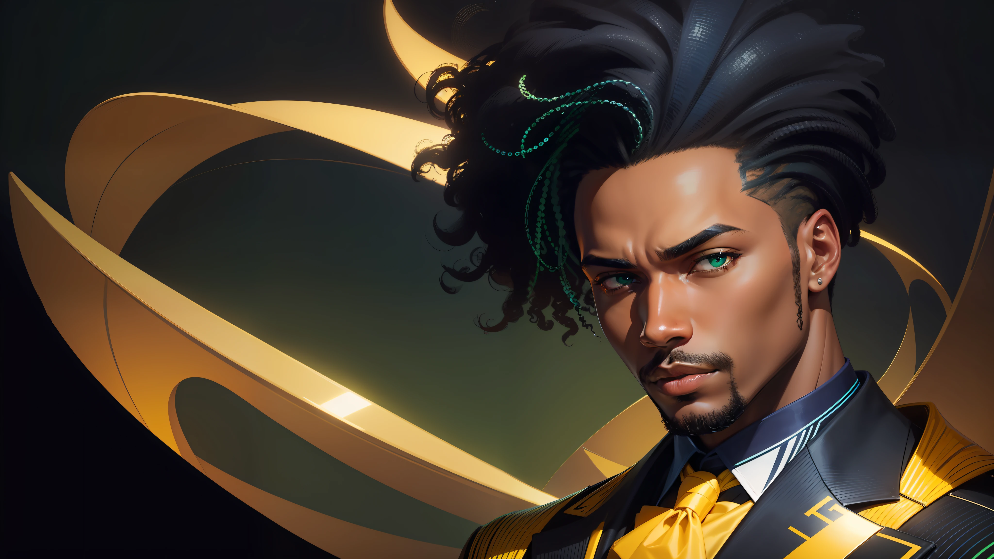 digital illustration, (close-up, character on the right), a modern and elegant black man, in the style of jazz, looking at the camera and forward, dramatic lighting, colorful and abstract background of jazz and blues, without text, (predominant colors: black, dark blue, green, yellow)