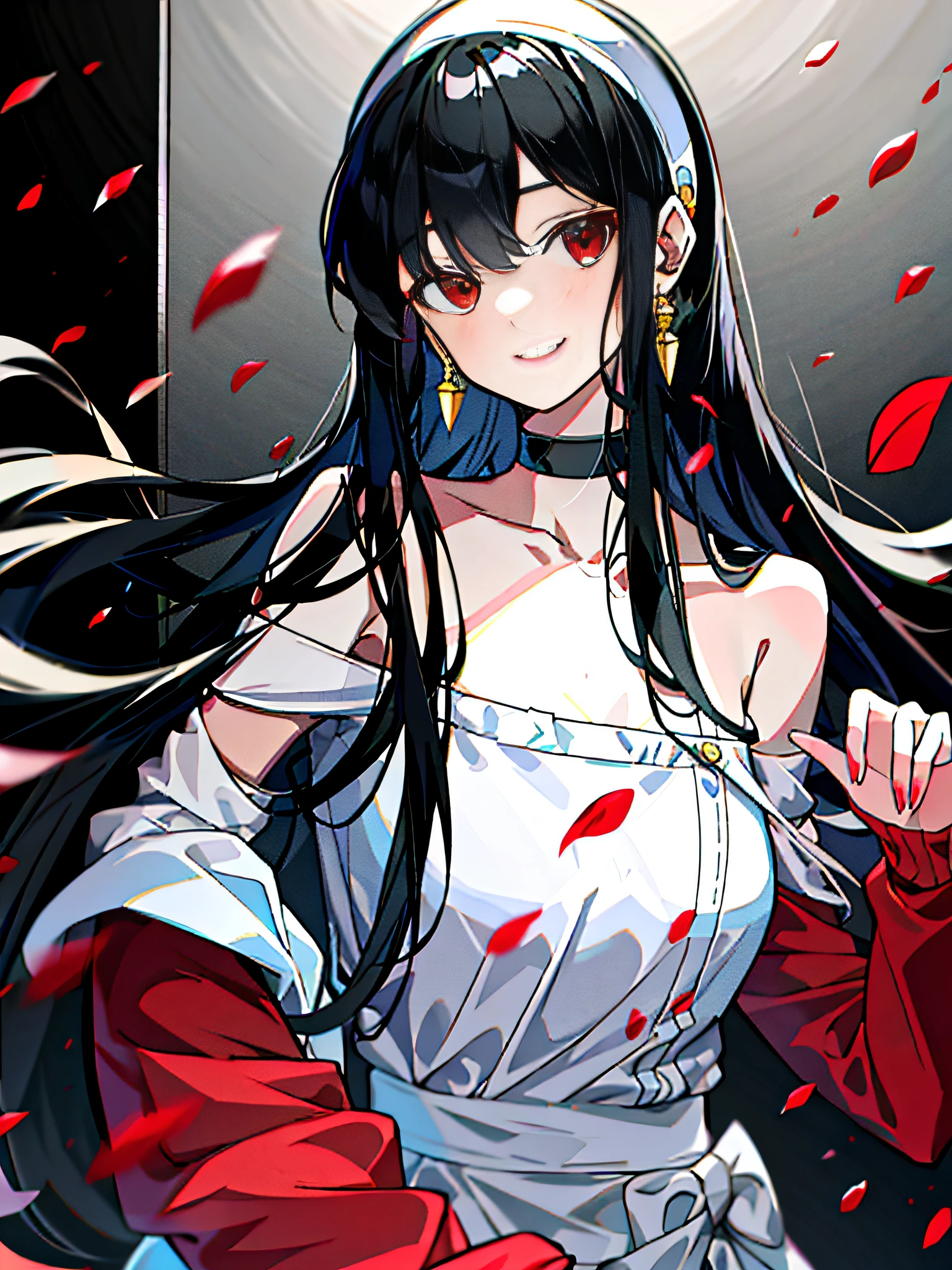 Yor Briar, 1girl, , detailed doujin art, high quality fan art, is a slim and cute anime woman wearing beautiful clothes, bare shoulders, bangs, black hair, collarbone, earrings, headbands, accessories, long hair, long sleeves, off-the-shoulder shirt, petals, off-the-shoulders, red eyes, smile, red shirt, shirt, solo, upper body, white hairband, ((masterpiece))