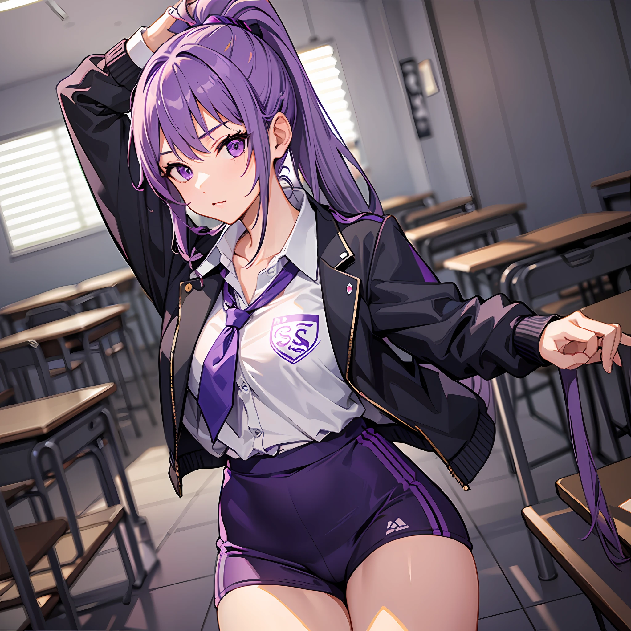 A woman, athletic body, perfect body, tabby body, purple hair, purple eyes, ponytail style hair, school uniform, inside the classroom