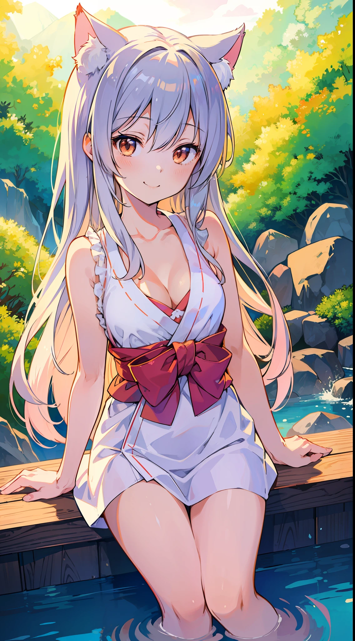 Masterpiece, Top Quality Anime Illustration, Super Detail, One Girl, Solo, Beautiful Girl with Silver Hair, Anime , Cat Ear Lolight Color Peach-colored Yukata, Super Short Yukata, Sleeveless, Smile, Bare Skin Lateral Breast, Thigh Focus, Cleavage Emphasis, Onsen