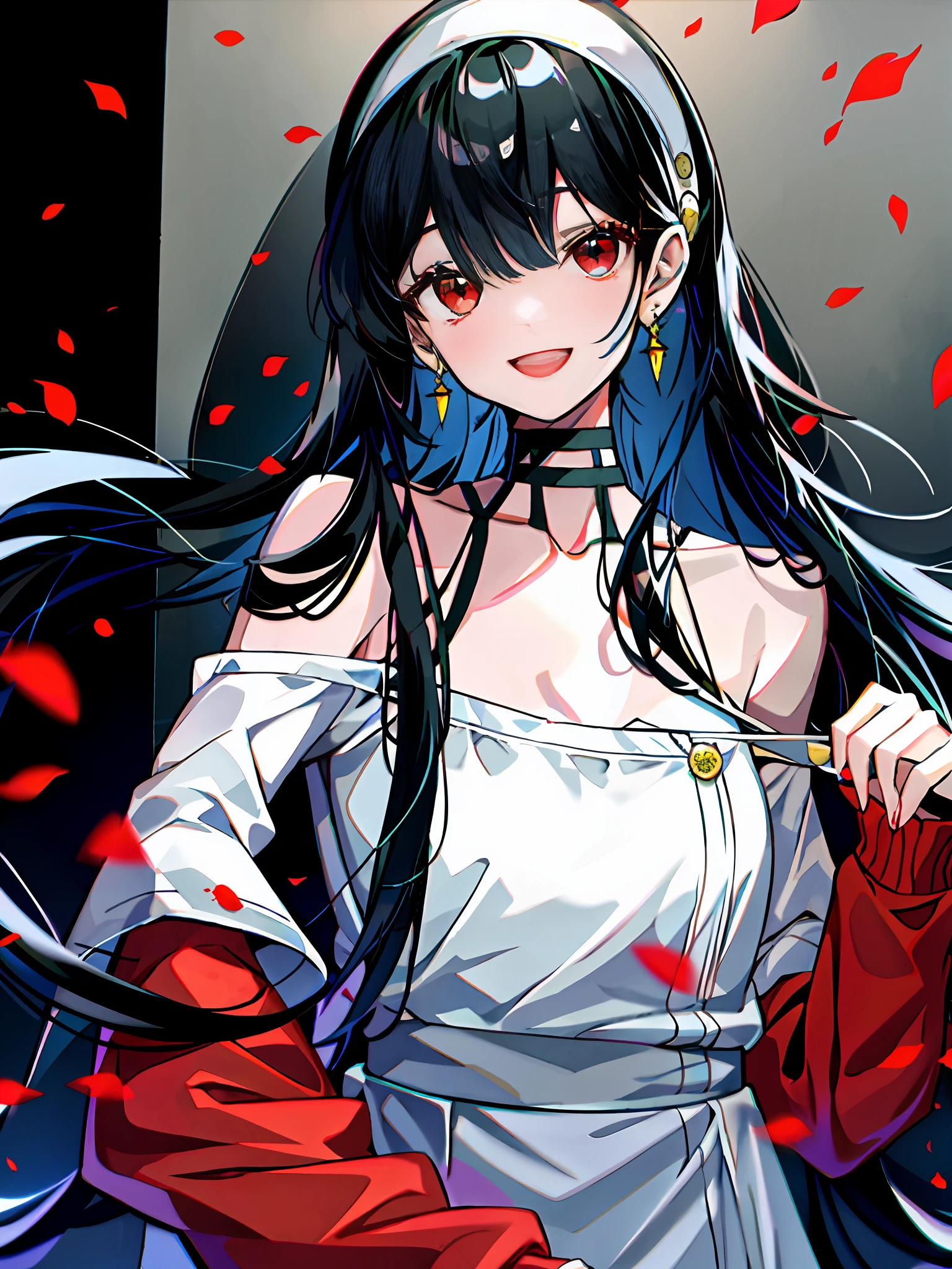 Yor Briar, 1girl, , detailed doujin art, high quality fan art, is a slim and cute anime woman wearing beautiful clothes, bare shoulders, bangs, black hair, collarbone, earrings, headbands, accessories, long hair, long sleeves, off-the-shoulder shirt, petals, off-the-shoulders, red eyes, smile, red shirt, shirt, solo, upper body, white hairband, ((masterpiece))
