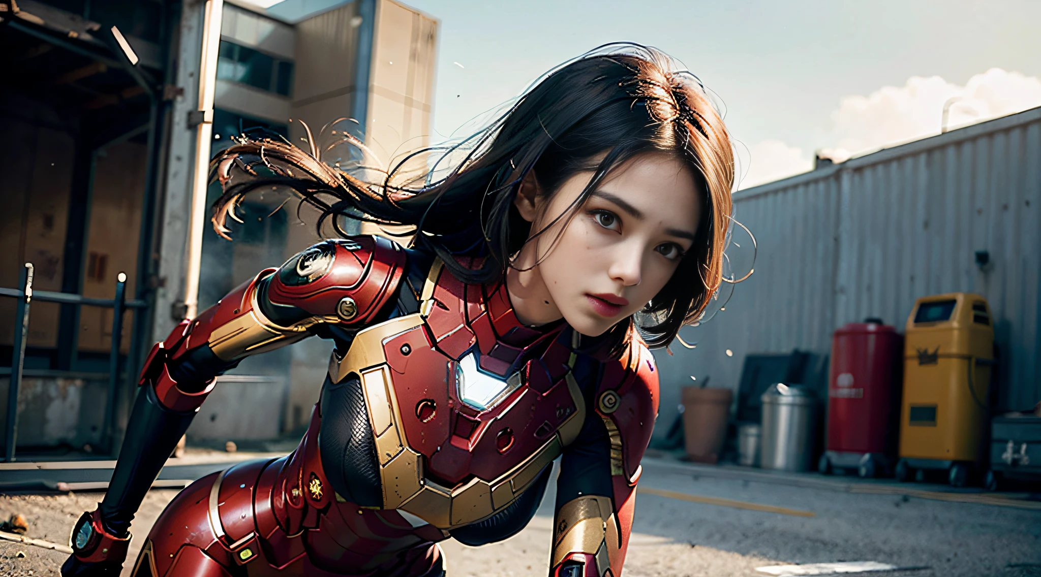 (1girl: 1.3), solo, __body-parts__, official art, unity 8k wallpaper, ultra detailed, beautiful and aesthetic, beautiful, masterpiece, best quality, RAW, masterpiece, super thin photo, best quality, super high resolution, photorealistic, sunlight, full body portrait, incredibly beautiful,, dynamic pose, delicate face, vibrant eyes, (side view), she is wearing a futuristic Iron Man mech, red and gold, Highly detailed abandoned warehouse background, detailed face, complex background detailed busy, messy, gorgeous, milky, highly detailed skin, realistic skin details, visible pores, sharp focus, volumetric mist, 8k uhd, DSLR camera, high quality, film grain, light skin, photorealism, lomography, expanding metropolis in a futuristic dystopia, view from below, translucent