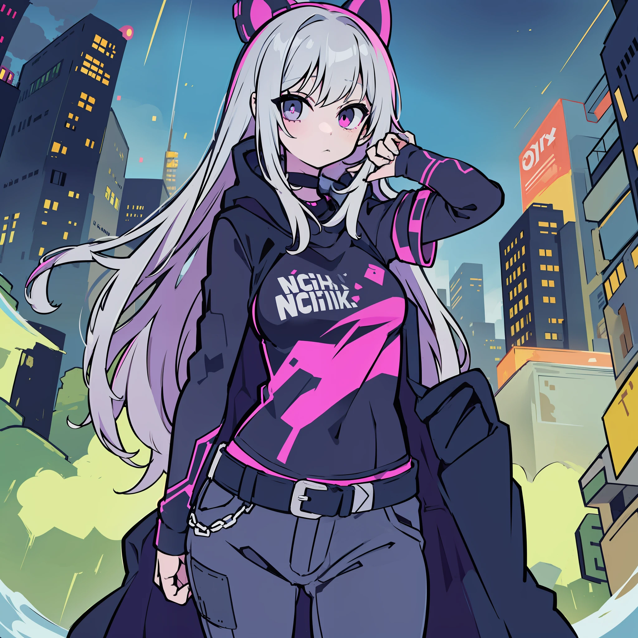 anime girl,night, punk girl, long hair, in pants, grey cloak , best hand, good hand,no skin