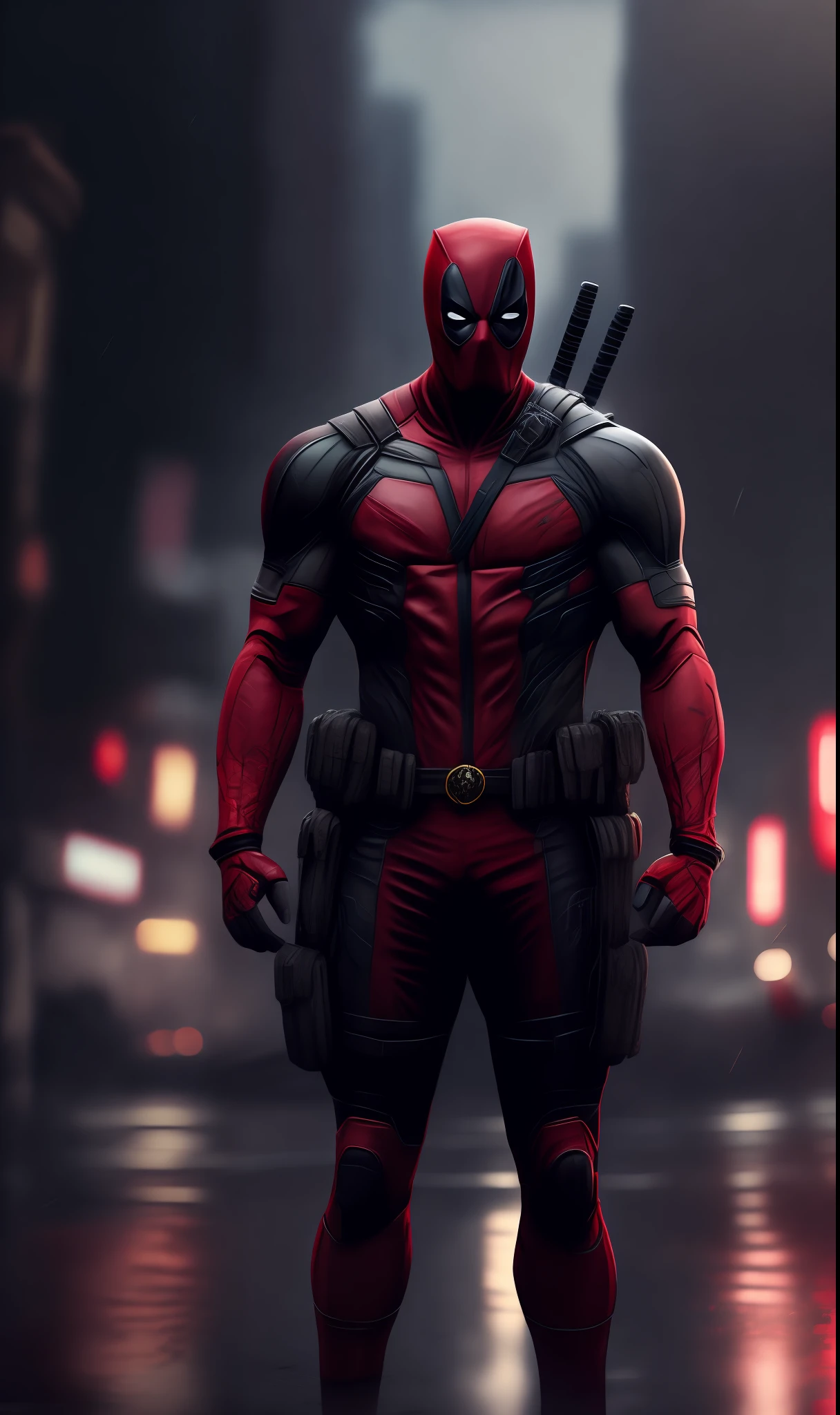 photo of Deadpool from Marvel standing outside the city 17, rainy, rtx, octane, unreal