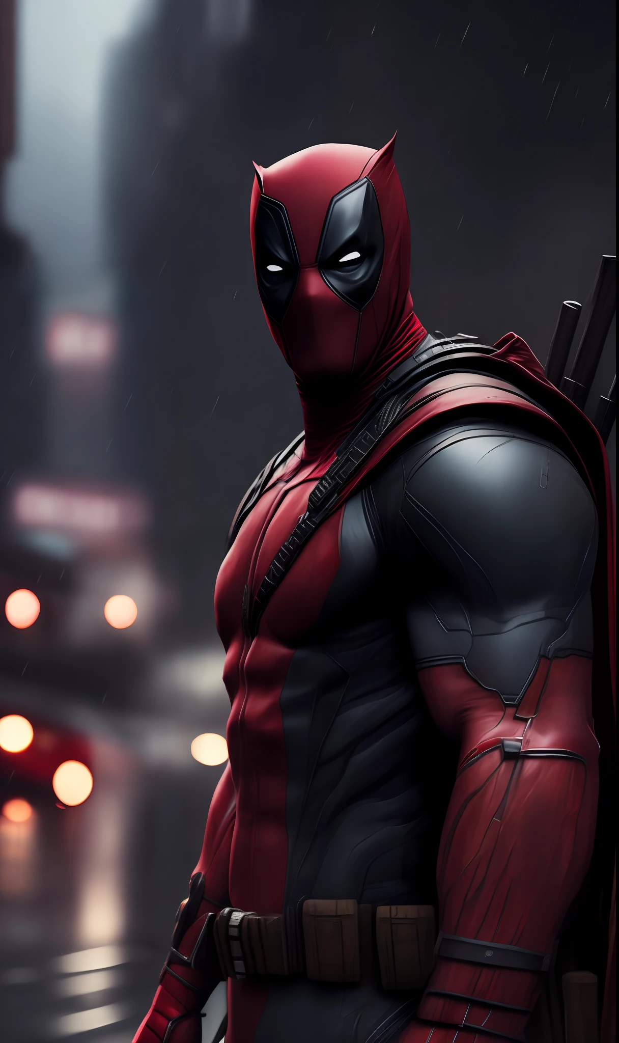 photo of Deadpool from Marvel standing outside the city 17, rainy, rtx, octane, unreal