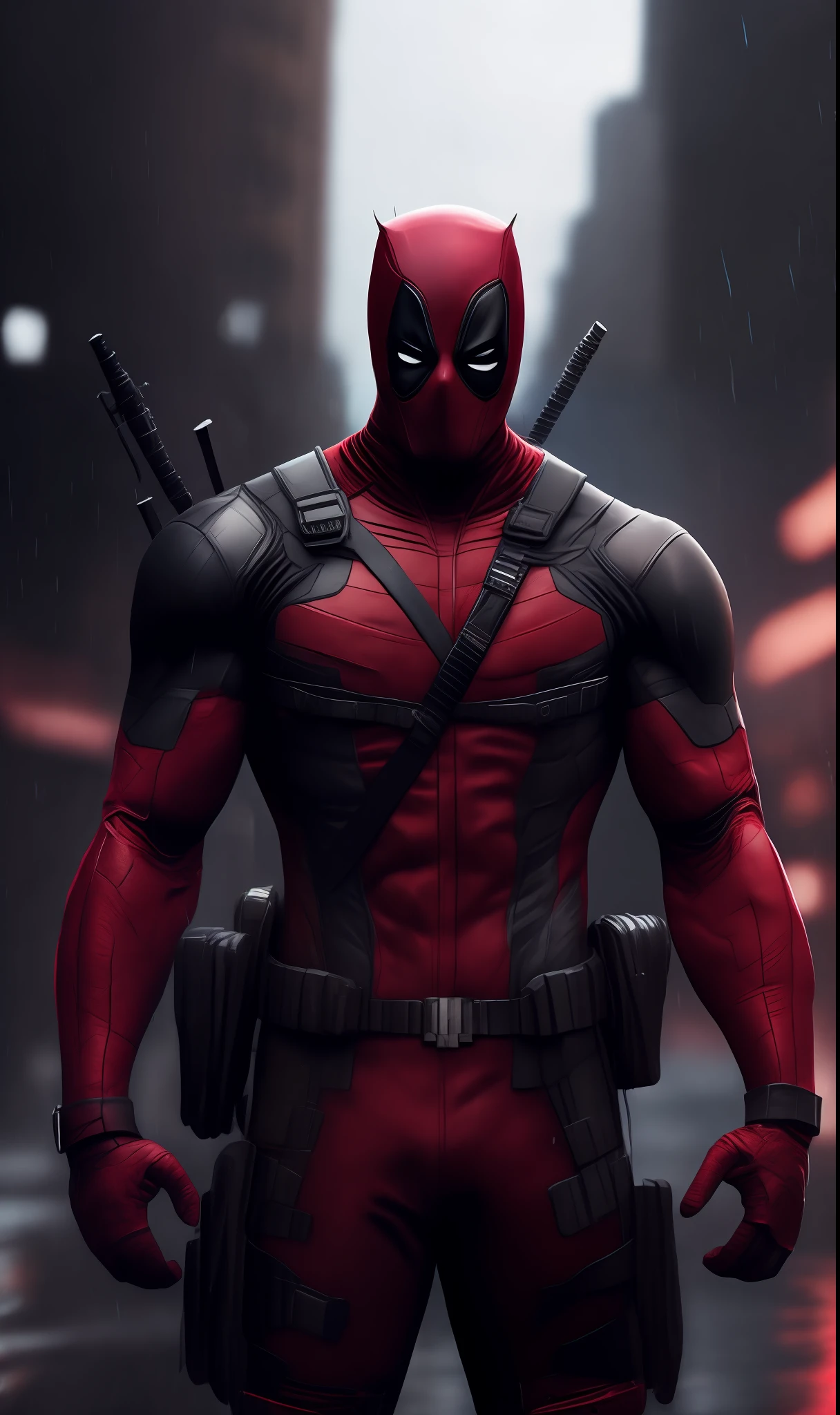 photo of Deadpool from Marvel standing outside the city 17, rainy, rtx, octane, unreal