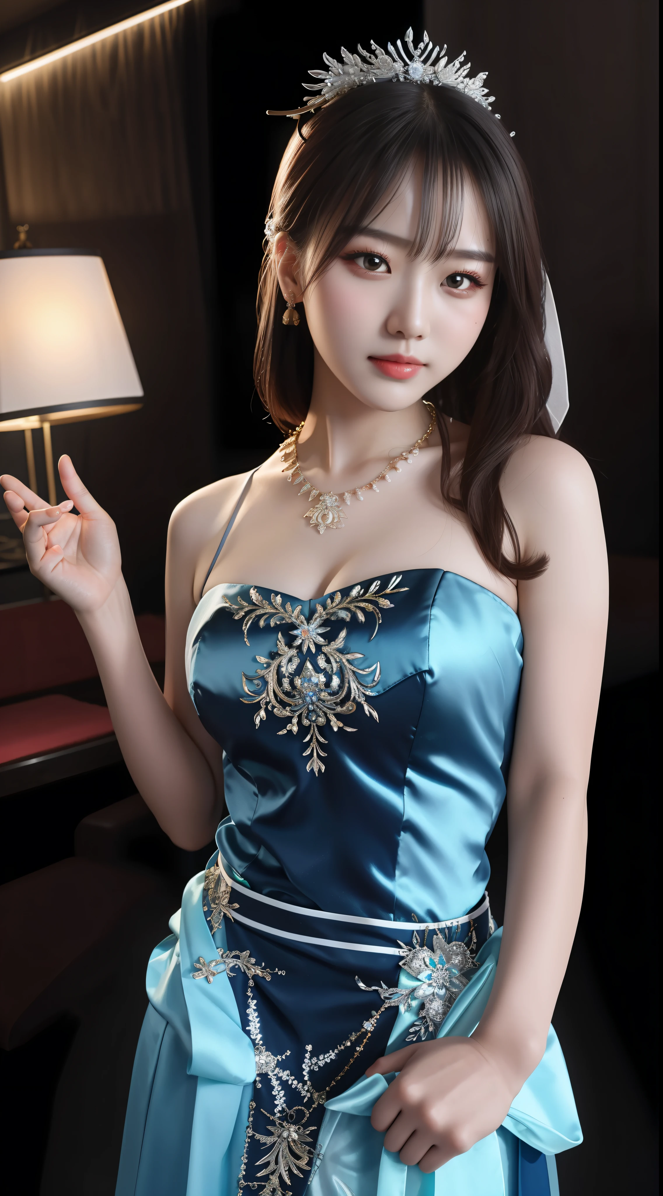 Best Quality, Masterpiece, High Resolution, 1girl, Chinese Wedding Dress, Hair Accessories, Necklaces, Jewelry, Beautiful Face, upon_body, Tyndall Effect, Sexy, Realistic, Dark Studio, Edge Lighting, Two-tone Lighting, (High Detail Skin: 1.2), 8k UHD, DSLR, Soft Lighting, High Quality, Volume Lighting, Frank, Photo, High Resolution, 4K, 8K, Bokeh
