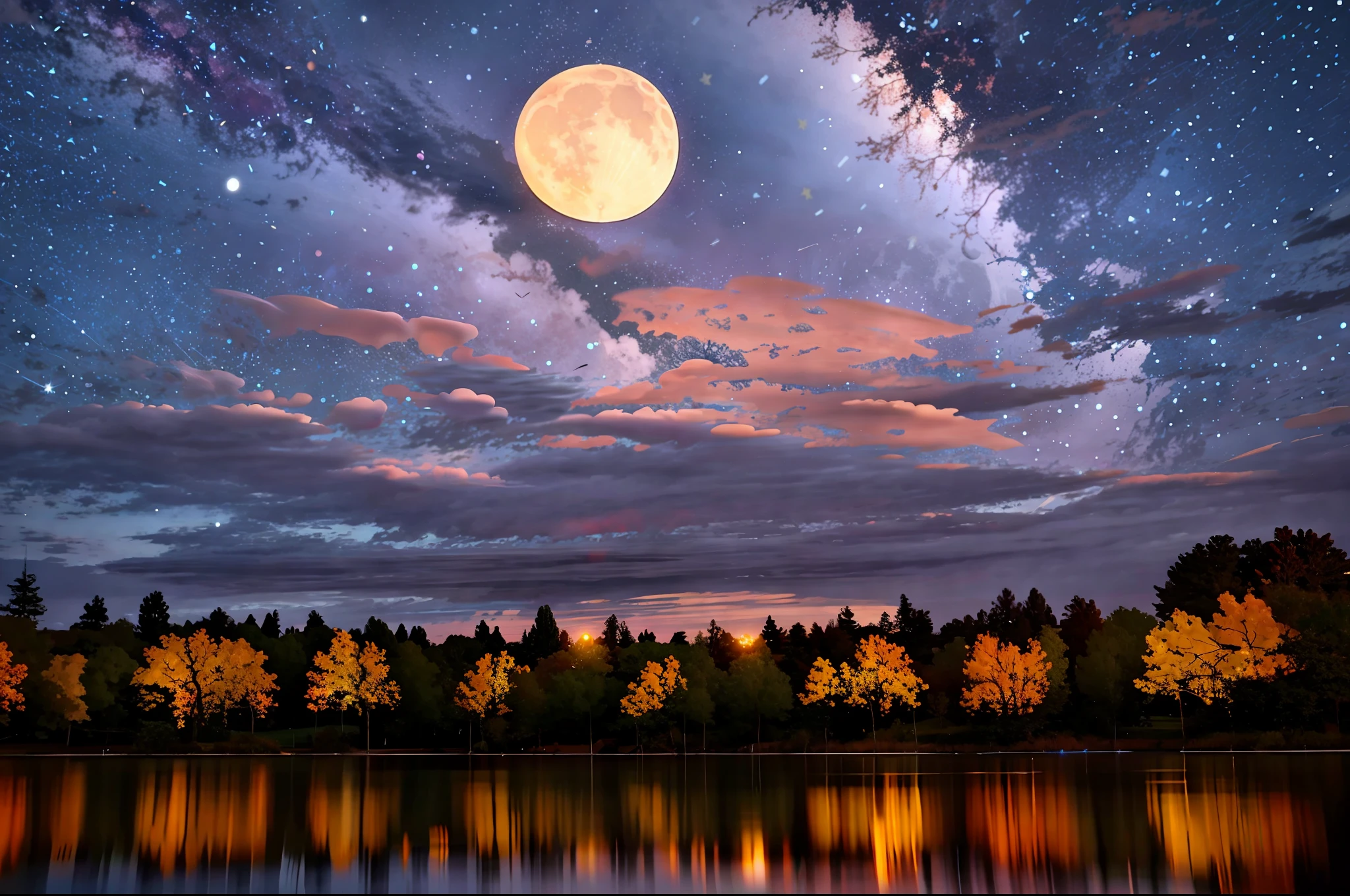 Landscape with a large lake illuminated by a great moon on a magical night