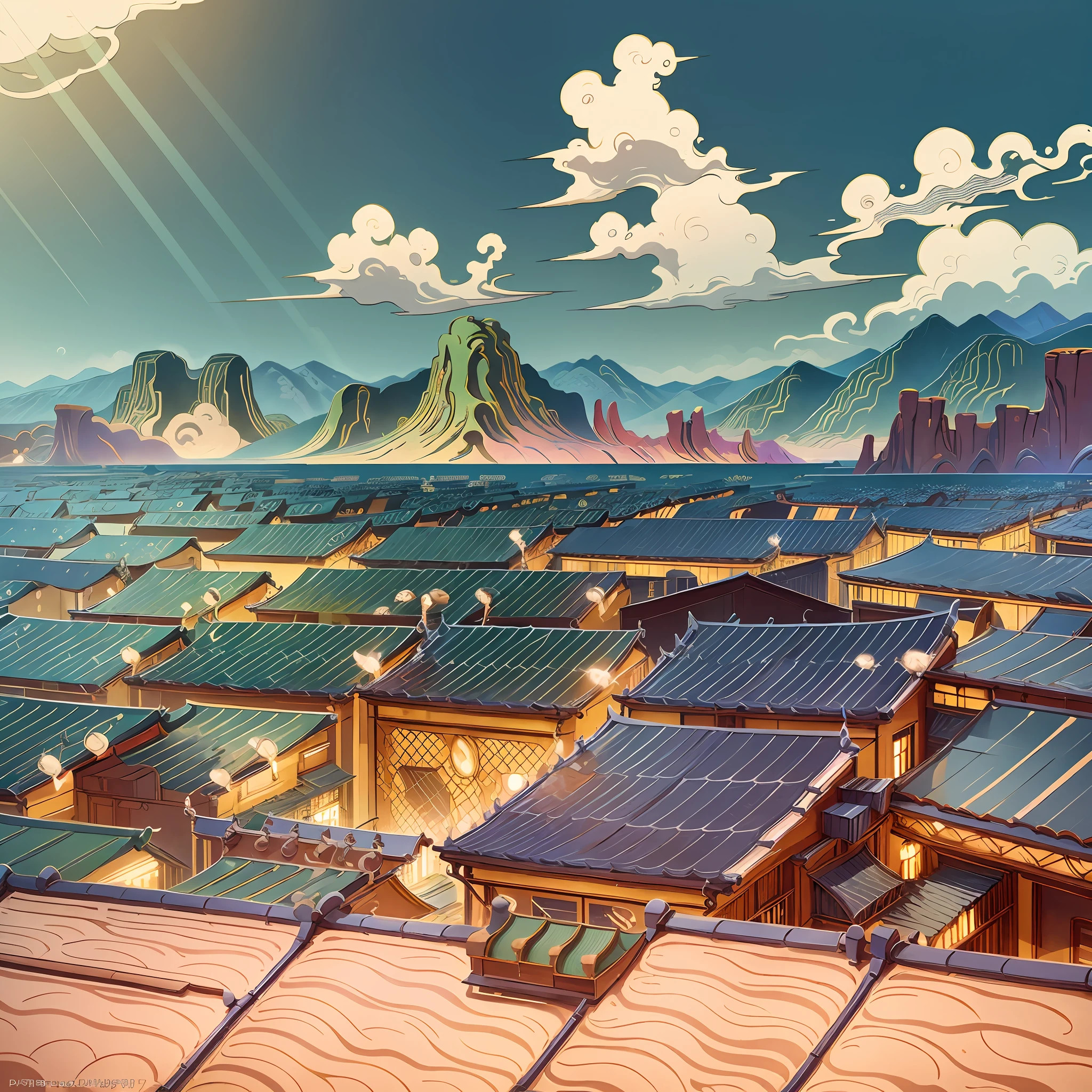 Poster design, frame 9:16, (SFW), new energy photovoltaic panels, solar panels, photovoltaic power generation, tracking bracket, surreal style, Dragon Boat Festival, background is interspersed in desert green mountains, perfect quality, clear focus, colorful, complex details, ultra-low viewing angle --auto --s2