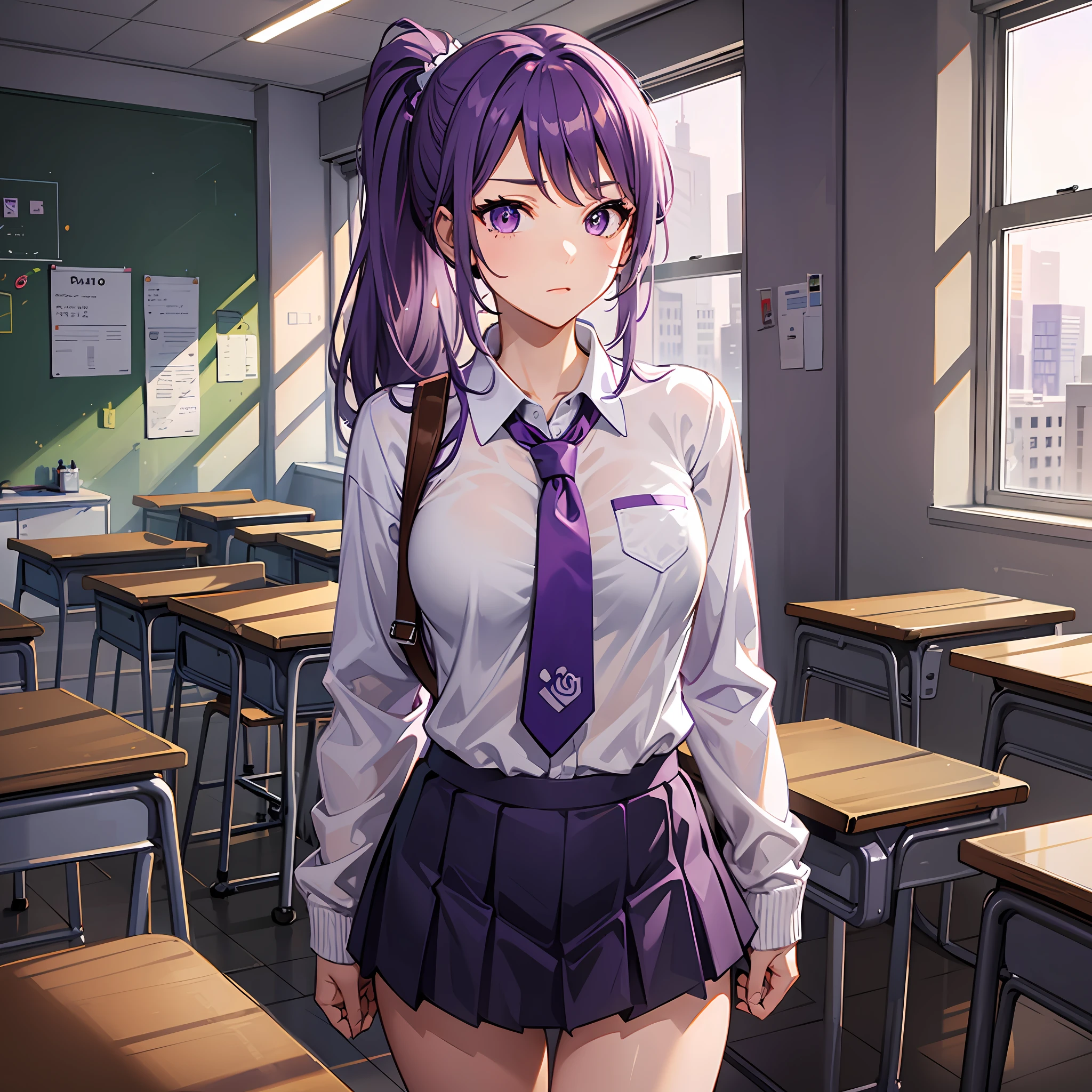A woman, athletic body, perfect body, tabby body, purple hair, purple eyes, ponytail style hair, school uniform, inside the classroom