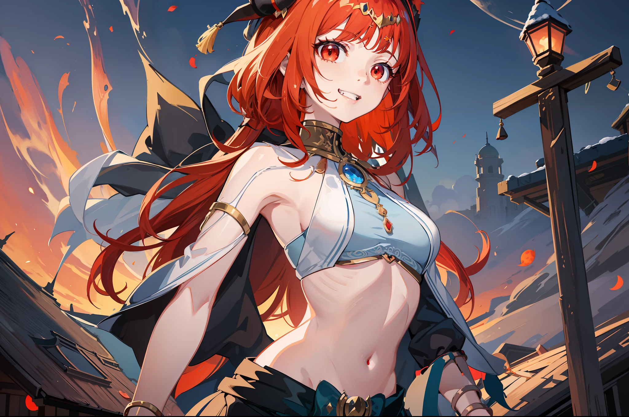 nilou (genshin impact), looking at the viewer, 1girl, red hair, bracelets, vampire, sharp vampiric fangs, evil grin, red eyes, glowing eyes, small breasts, navel, pale as snow, blood effect, red sky, moon, night, dark, red effect