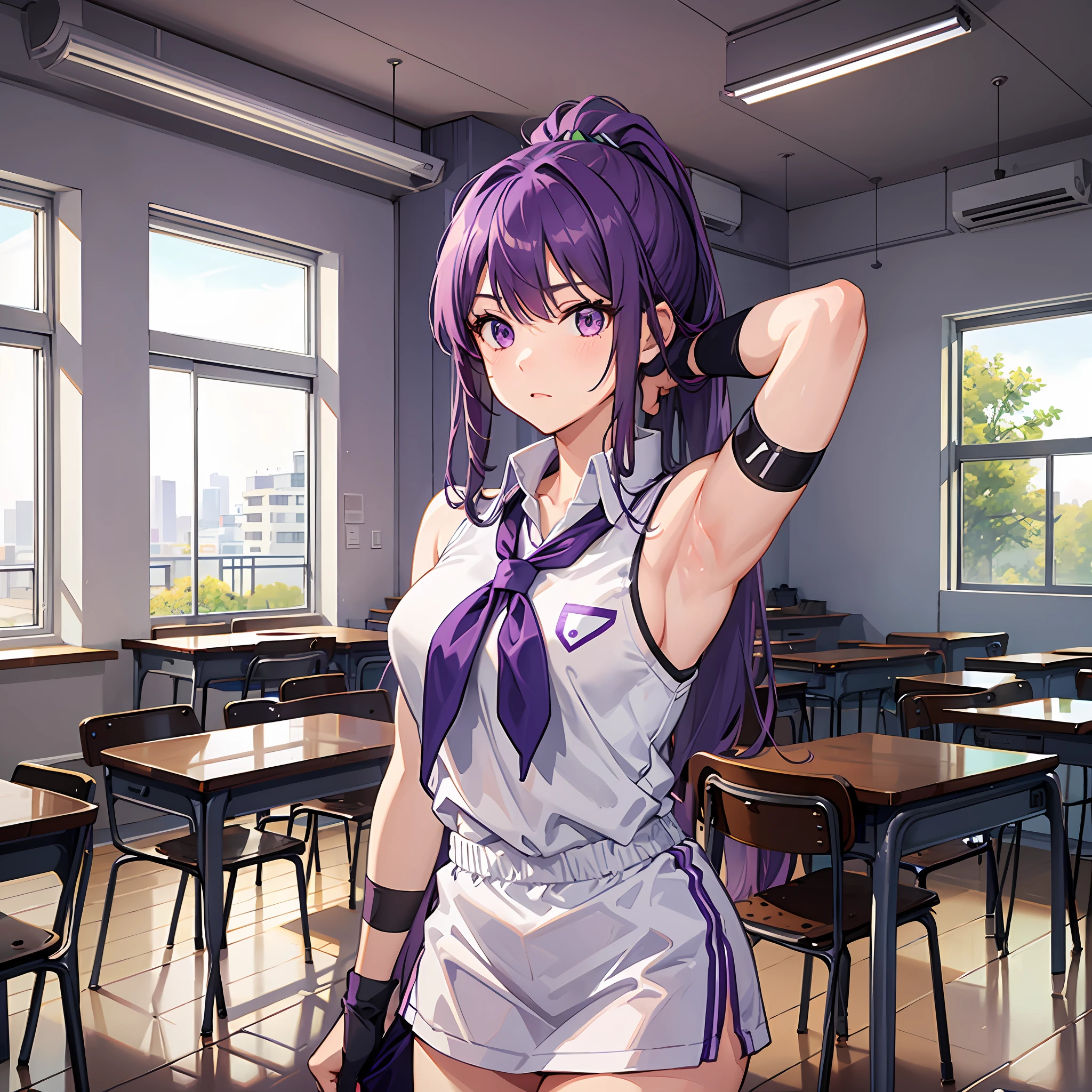 A woman, athletic body, perfect body, tabby body, purple hair, purple eyes, ponytail style hair, school uniform, inside the classroom