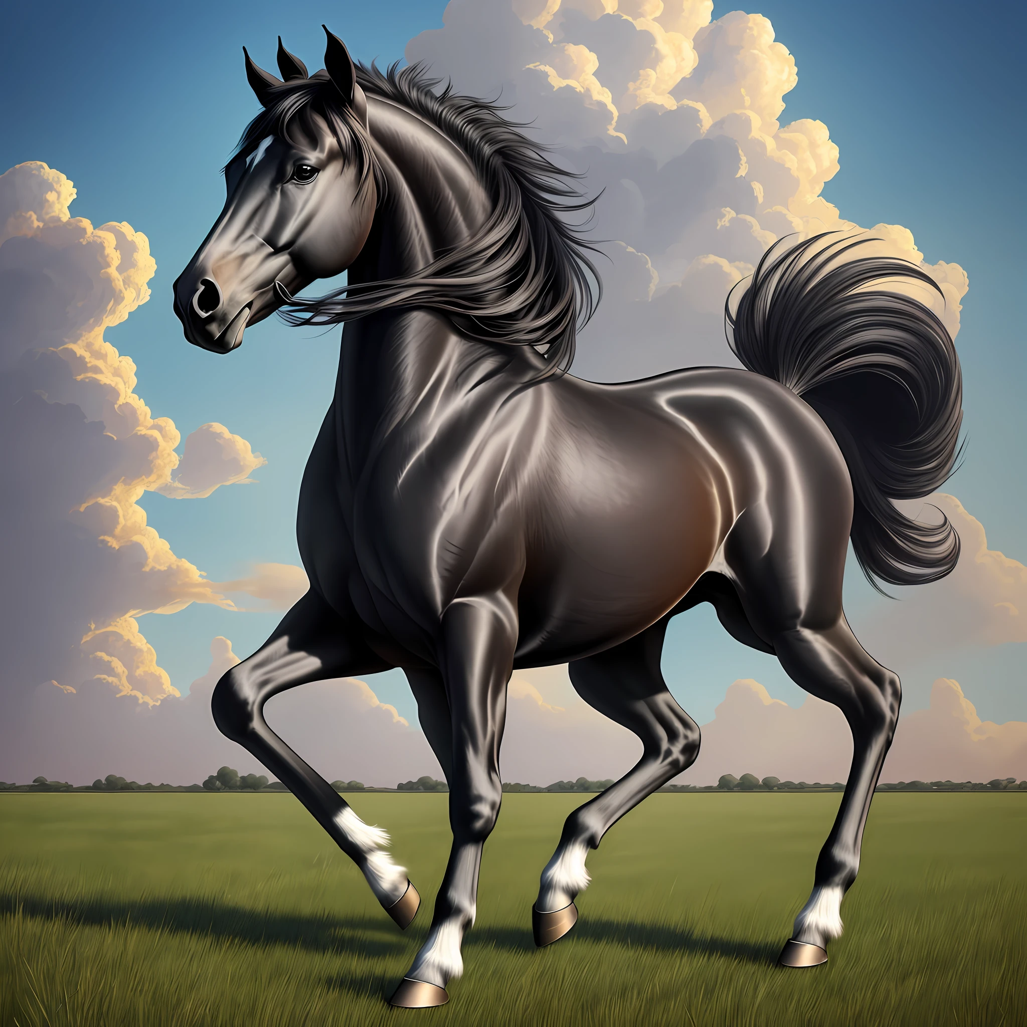 A horse, black, slender, standing at full height, long hair detailed black, beautiful stunning realistic, gorgeous digital painting, anatomically correct horse, elegant digital painting, digital horse, ultrarealistic illustration, realistic illustration, incredibly realistic, flowing mane and tail, high quality, sky, clouds, photo, lots of air, perspective, profile, correct anatomy, hooves standing on grass, 4 legs, 4 four legs, correct anatomy. --auto --s2