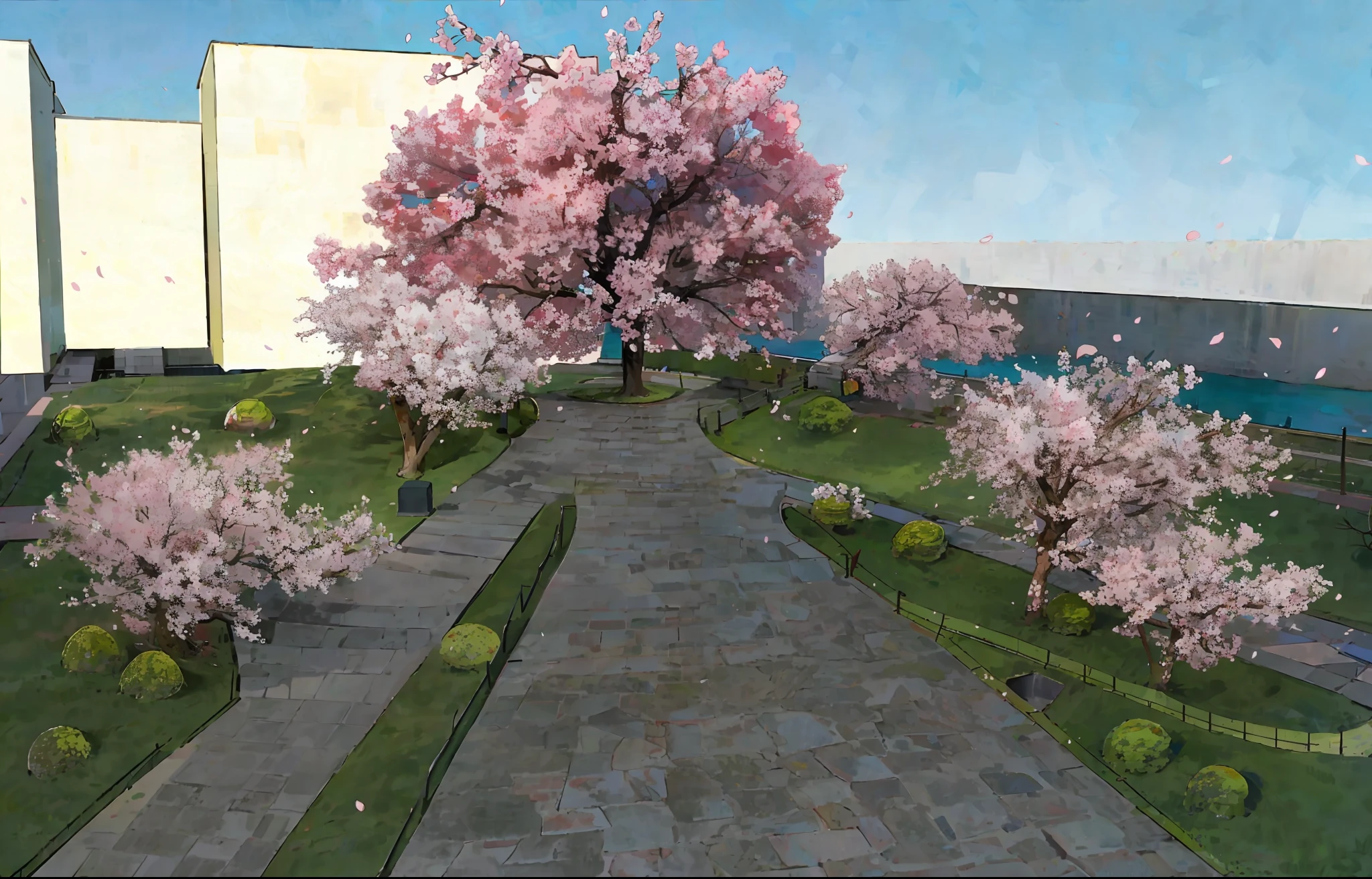 There is a large cherry blossom tree in the center of the site, under which is a circular masonry paving, a green grassy slope full of cherry blossoms, a building in the distance, and a river on the right