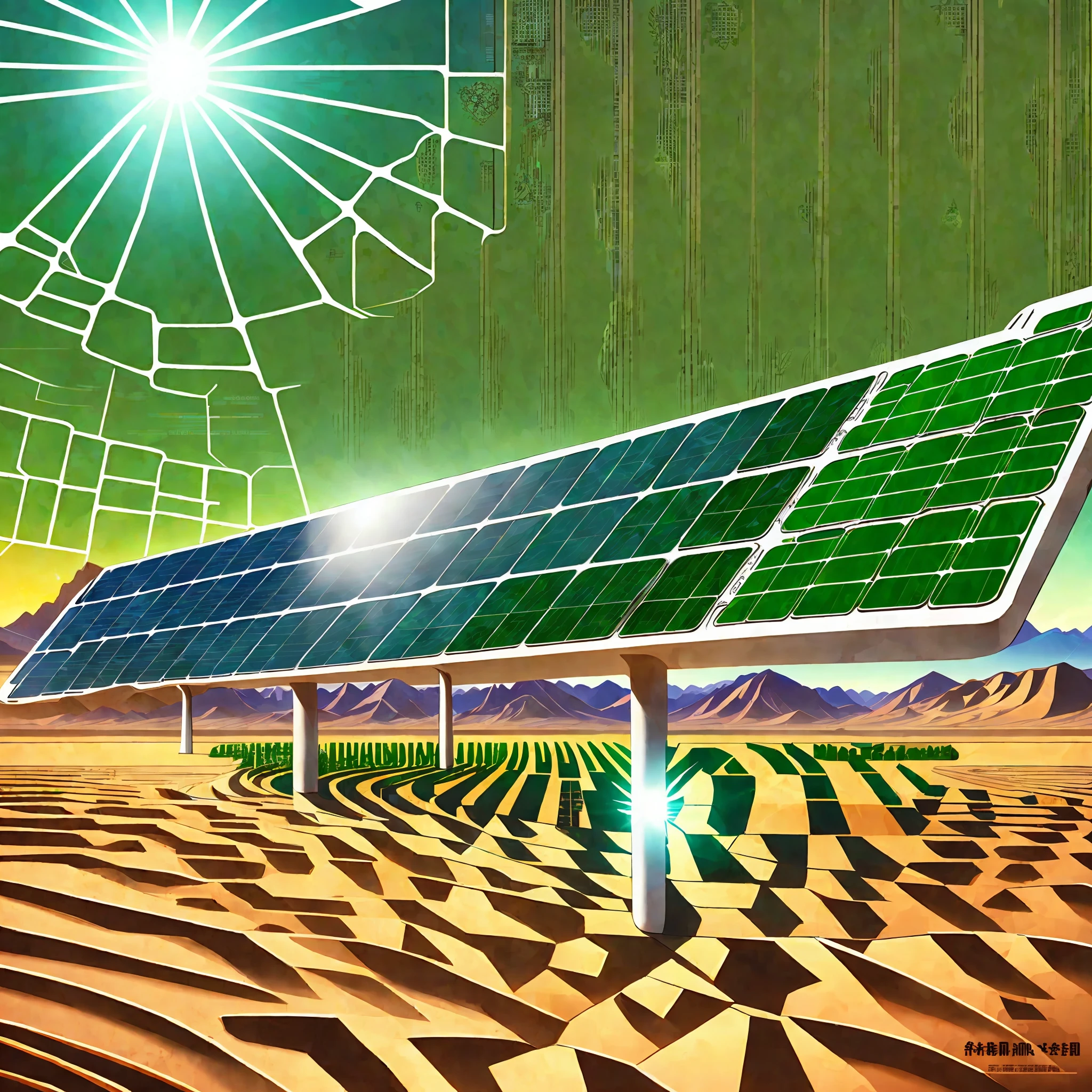 Poster design, frame 9:16, (SFW), new energy photovoltaic panel, solar panel, photovoltaic power generation, tracking bracket, concept style, Dragon Boat Festival, dragon boat, background is interspersed in desert green mountains, perfect quality, clear focus, colorful, complex details, ultra-low viewing angle, wide angle lens --auto --s2