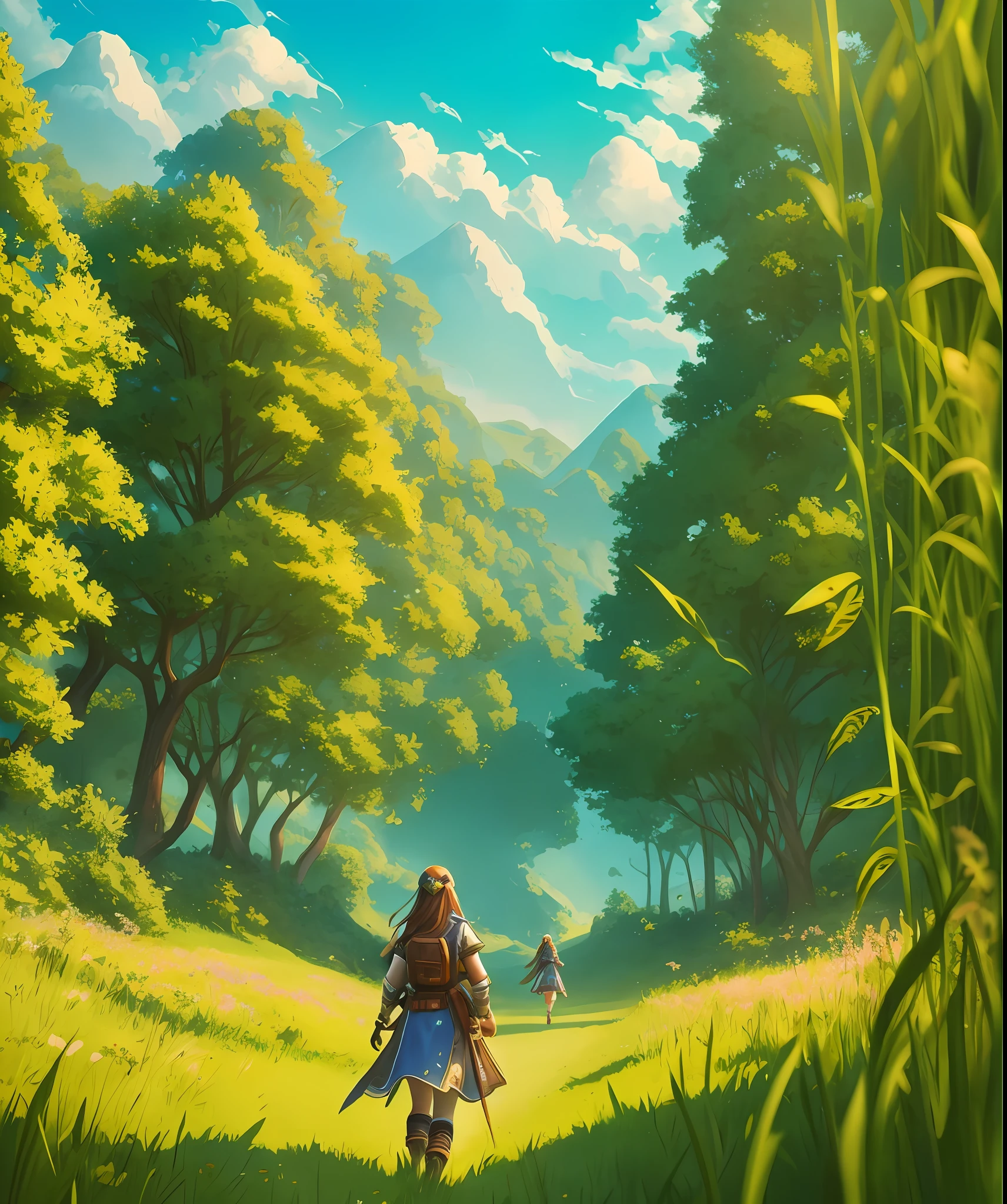Alphad image of 18 year old sexy girl walking Warcraft in field, cute digital painting, female explorer girl, realistic anime 3 D style, adventure surreal rendering, digital cartoon drawing art, cute detailed digital art, fantasy matte painting, cute, cartoon digital painting, Artgerm and Atey Ghailan, animation style rendering,