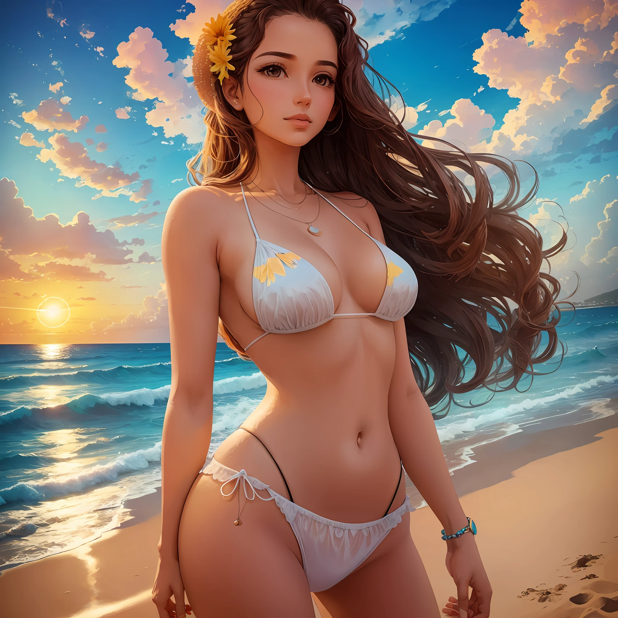 a woman on the beach, sun on the sky, ocean in background --auto --s2