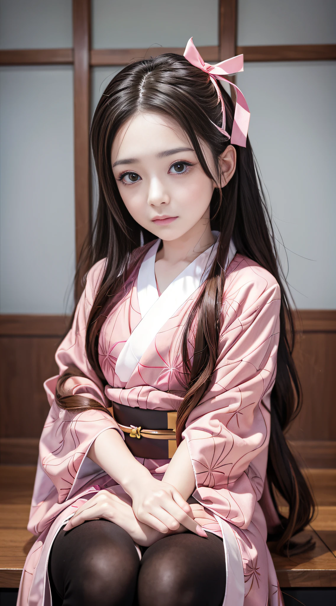Masterpiece, best quality, high resolution, venus1, 1girl, solo, kamato nezuko, bamboo, brown hair, ((pink ribbon)) checkered belt, gag, gag, gradient hair, haori, japanese clothes, kimono, long hair, looking at the audience, pink eyes, pink kimono, pink ribbon, solo, frontal, seated, cute, puffed cheeks, angry, wide eyes