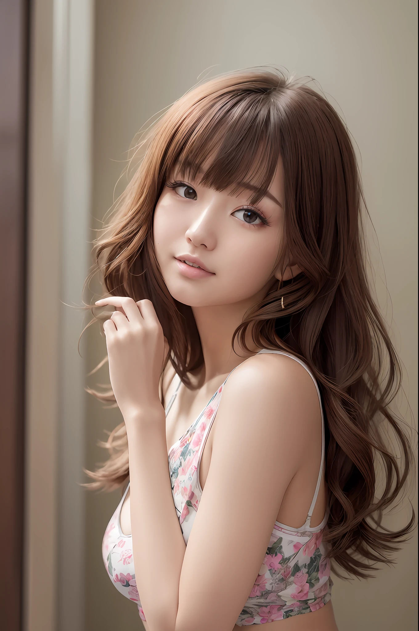 (Top Quality, 8k, 32k, Masterpiece, UHD: 1.3), Attractive Japan Female Pictures, One Girl, (Big: 1.2), Erotic Underwear Styles, Floral Pattern, Lace, Pineapple, Super Cute, Pastel Colors, Upper Body to Thighs, Nice Perfect Face with Soft Skin, Gorgeous Wavy Long Brown Hair, 8
K resolution, ultra-realistic, ultra-detailed, high quality, living, large
Bile Pose Cute Pose --auto --s2