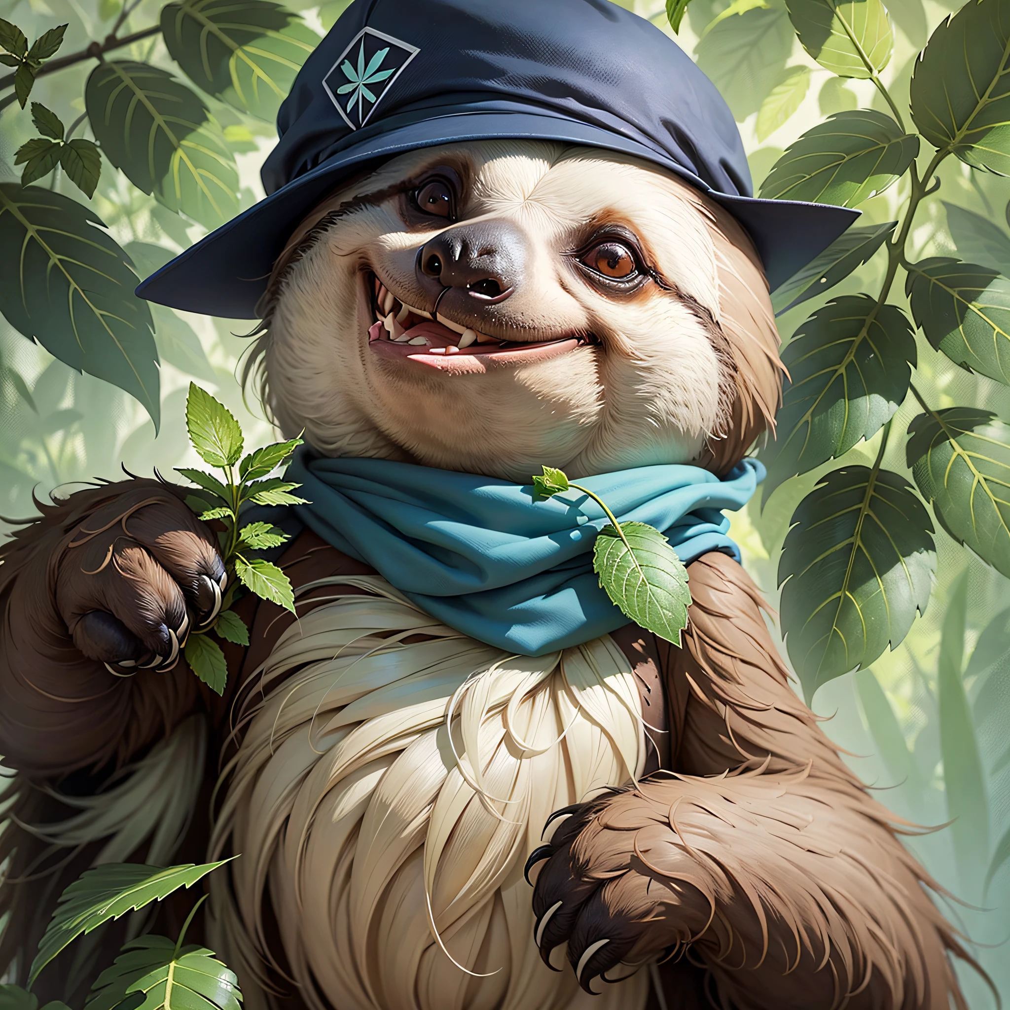 Imagine a sloth wearing a black cap with a white brim and blue neck scarf, chewing on a sprig of mint and surrounded by ????????? leaves --auto --s2