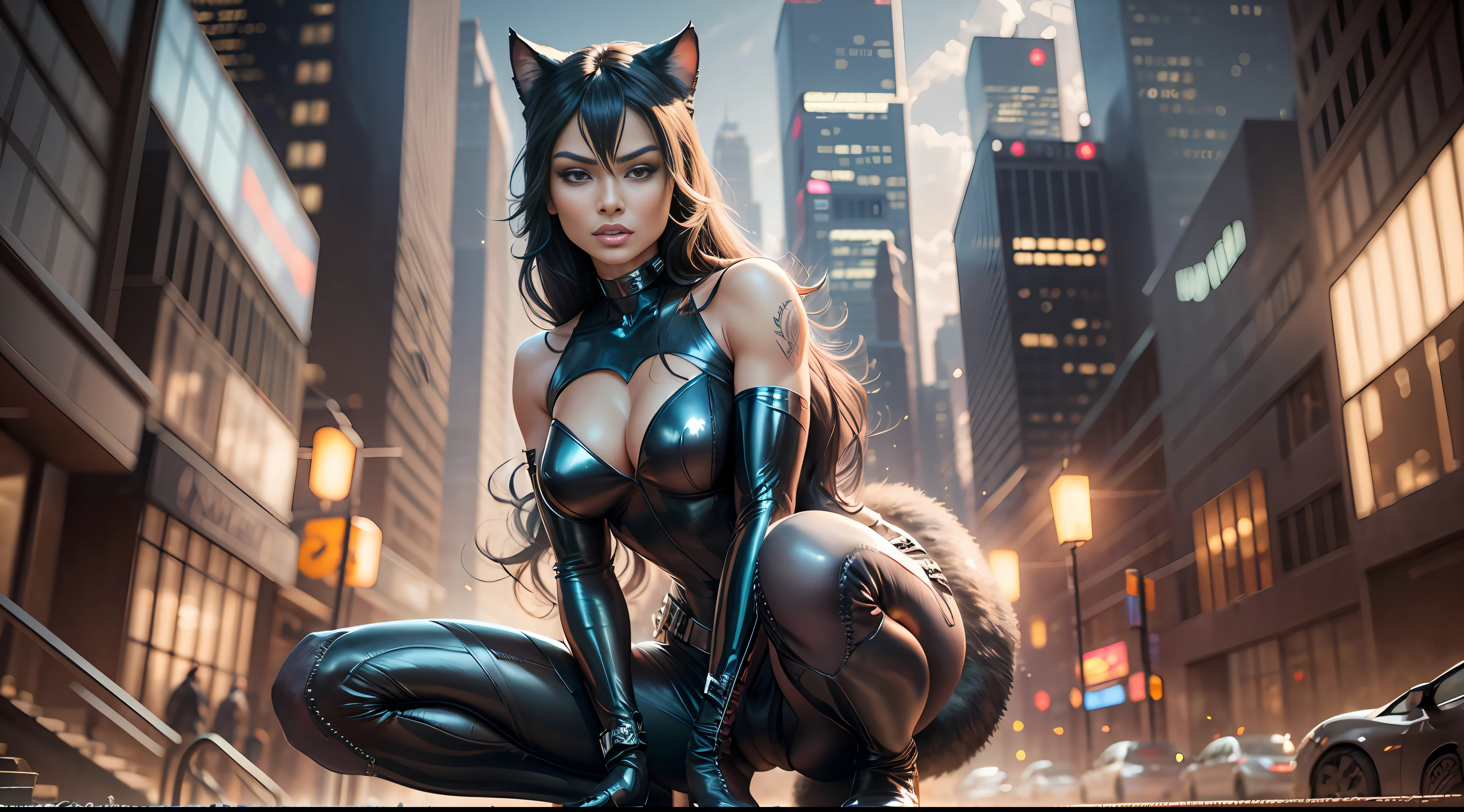 Photo RAW, [Nicole Scherzinger] as Catwoman, lighting around her body, posing, hero, ruined background city, (highly detailed skin: 1.2), anatomically perfect hands feet and legs, 8k uhd, dslr, soft lighting, high quality, grain film, Fujifilm XT3