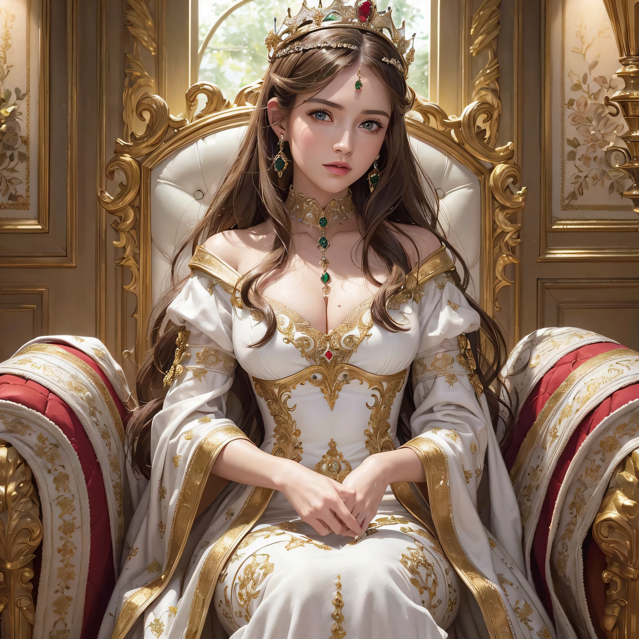UHD, (masterpiece:1.2), (photorealistic:1.2), (best quality), (detailed skin:1.3), (intricate details), 1girl, white woman (Italian), light brown hair, 25 years old, small breasts, very detailed clothes, big bright green eyes, sitting on a throne, wearing a crown, red queen's dress:1.5|white|gold, stone walls, drapes