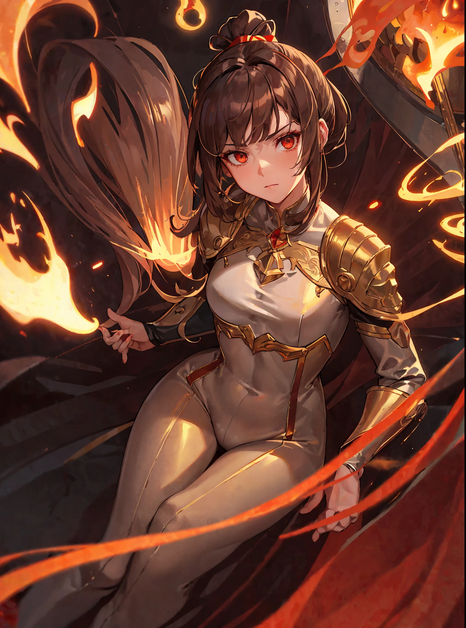 (masterpiece, best quality), close-up picture, alone, an adult woman with very long brown hair, (((white and gold bodysuit))), golden shoulder pads, (((old ponytail hairstyle))), ((alone)), red ribbon in hair, bare legs, bodysuit, queen, ((fire)), chains, halo, good anatomy, ((brown hair)), correct proportions, boots, bright colors, torn clothes, queen, red eyes, serious, mysterious appearance, blood, emotionless, palace, bangs straight, evil, (yellow eyes), gothic, medium chest, chest to head show, cinematics, color oil painting, solo, cinematic lighting, extremely detailed face, finely detailed face, beautiful face, beautiful eyes, perfect lighting, depth of field, realistic proportions, good anatomy, long coat