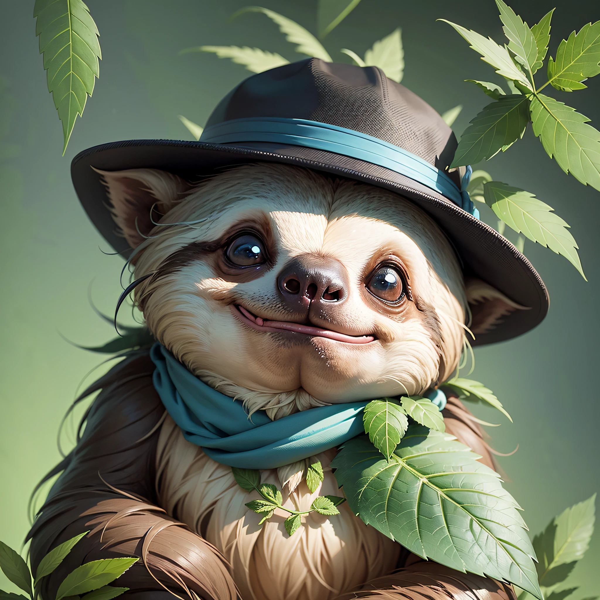 Imagine a sloth wearing a black cap with a white brim and blue neck scarf, chewing on a sprig of mint and surrounded by marijuana leaves --auto --s2